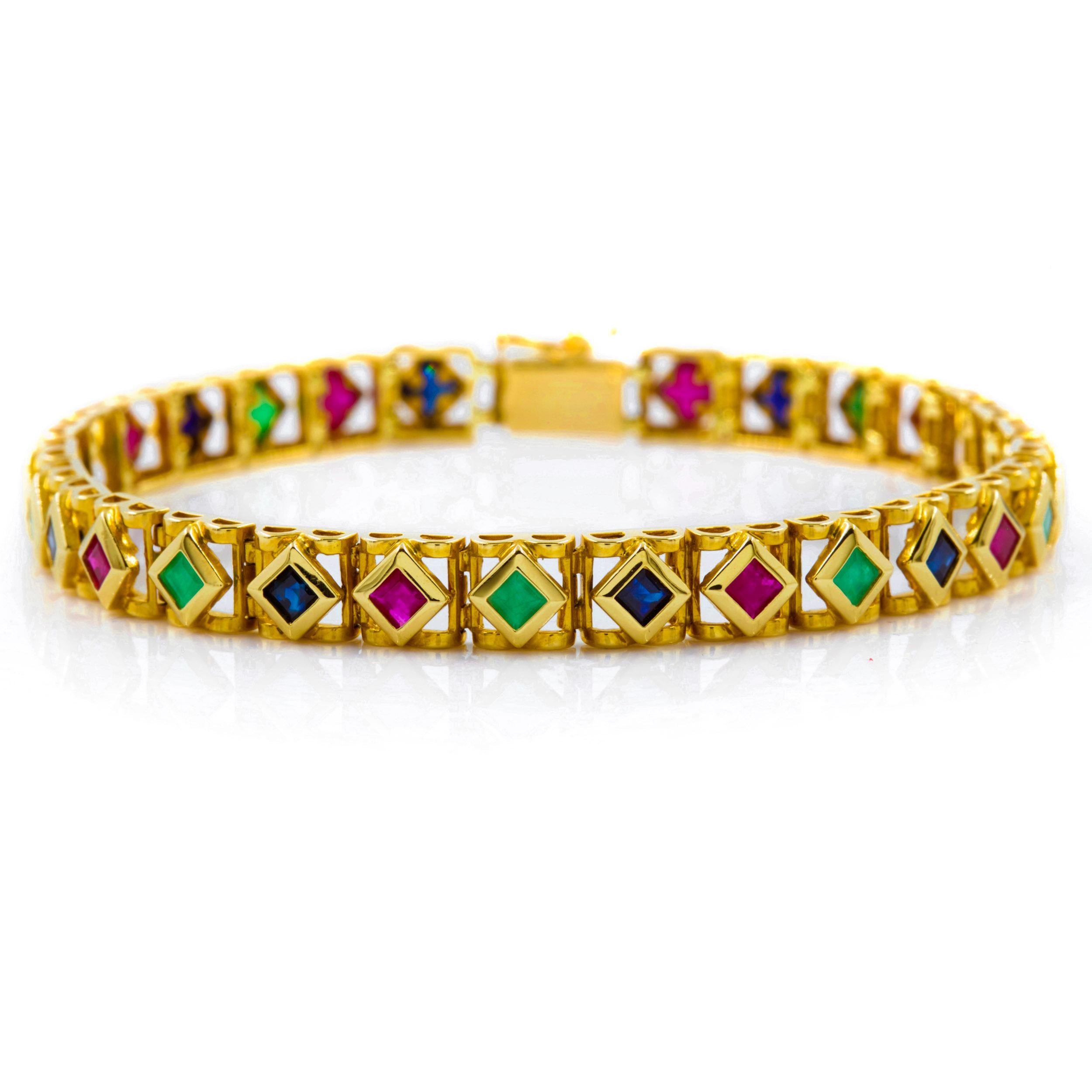 Modern 14K Yellow Gold Ruby, Emerald and Sapphire Line Bracelet, 7