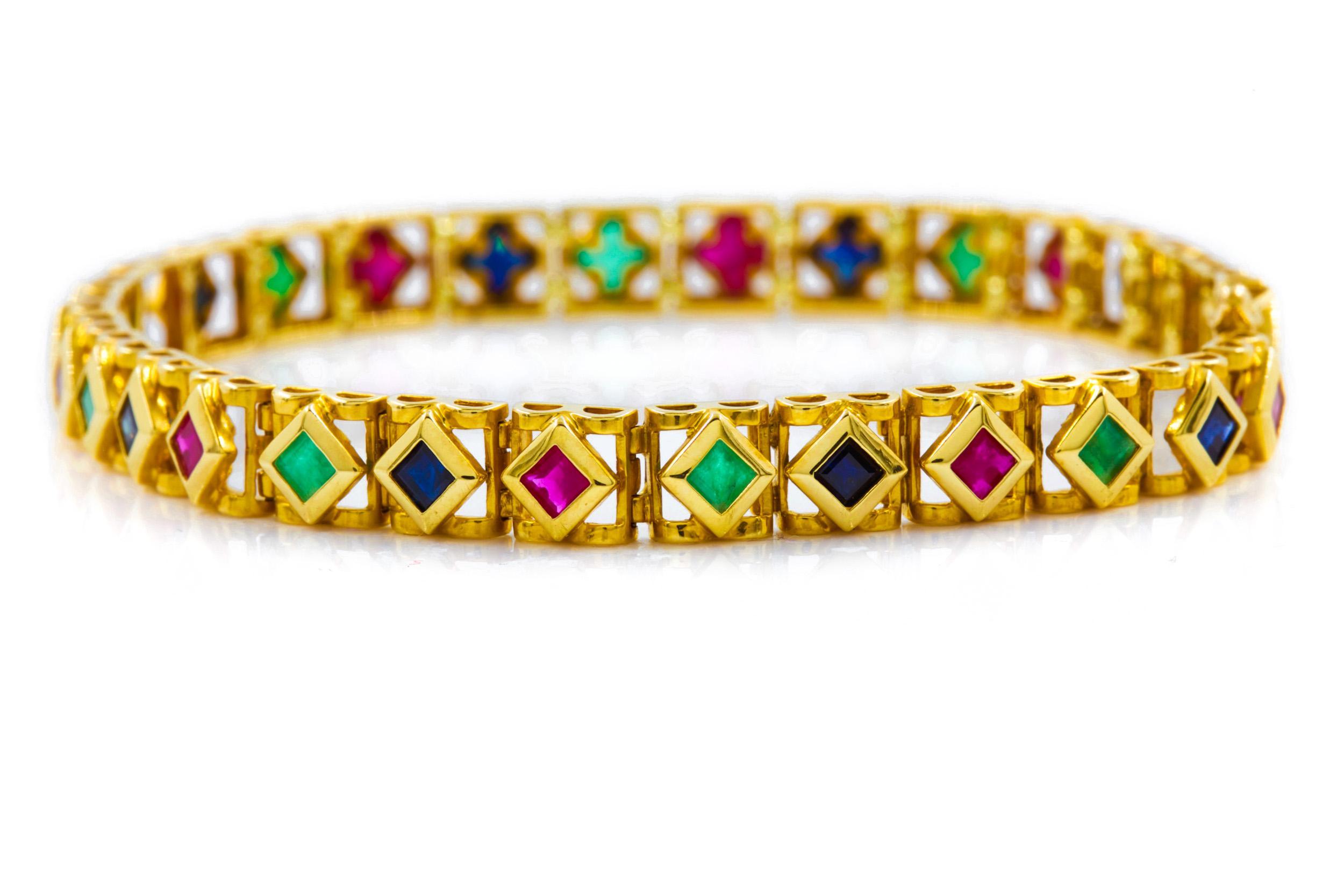 American 14K Yellow Gold Ruby, Emerald and Sapphire Line Bracelet, 7
