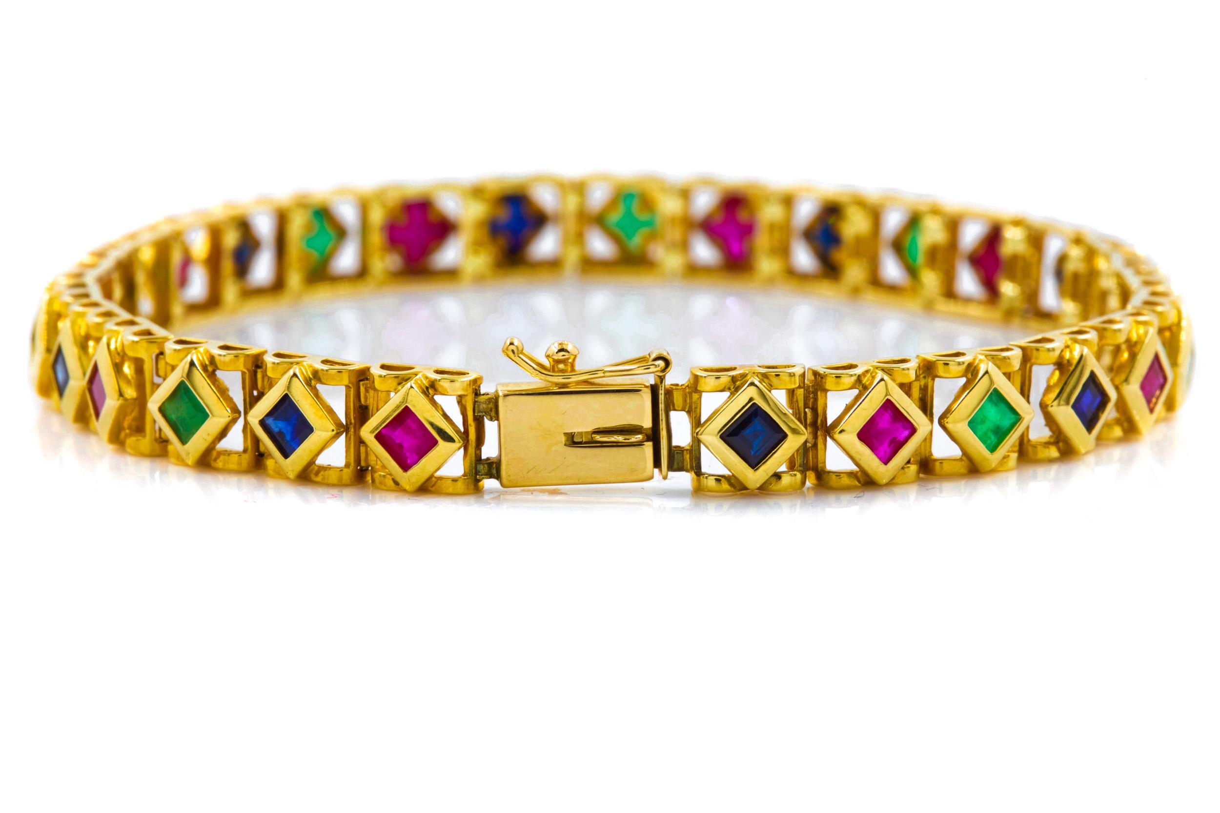 14K Yellow Gold Ruby, Emerald and Sapphire Line Bracelet, 7