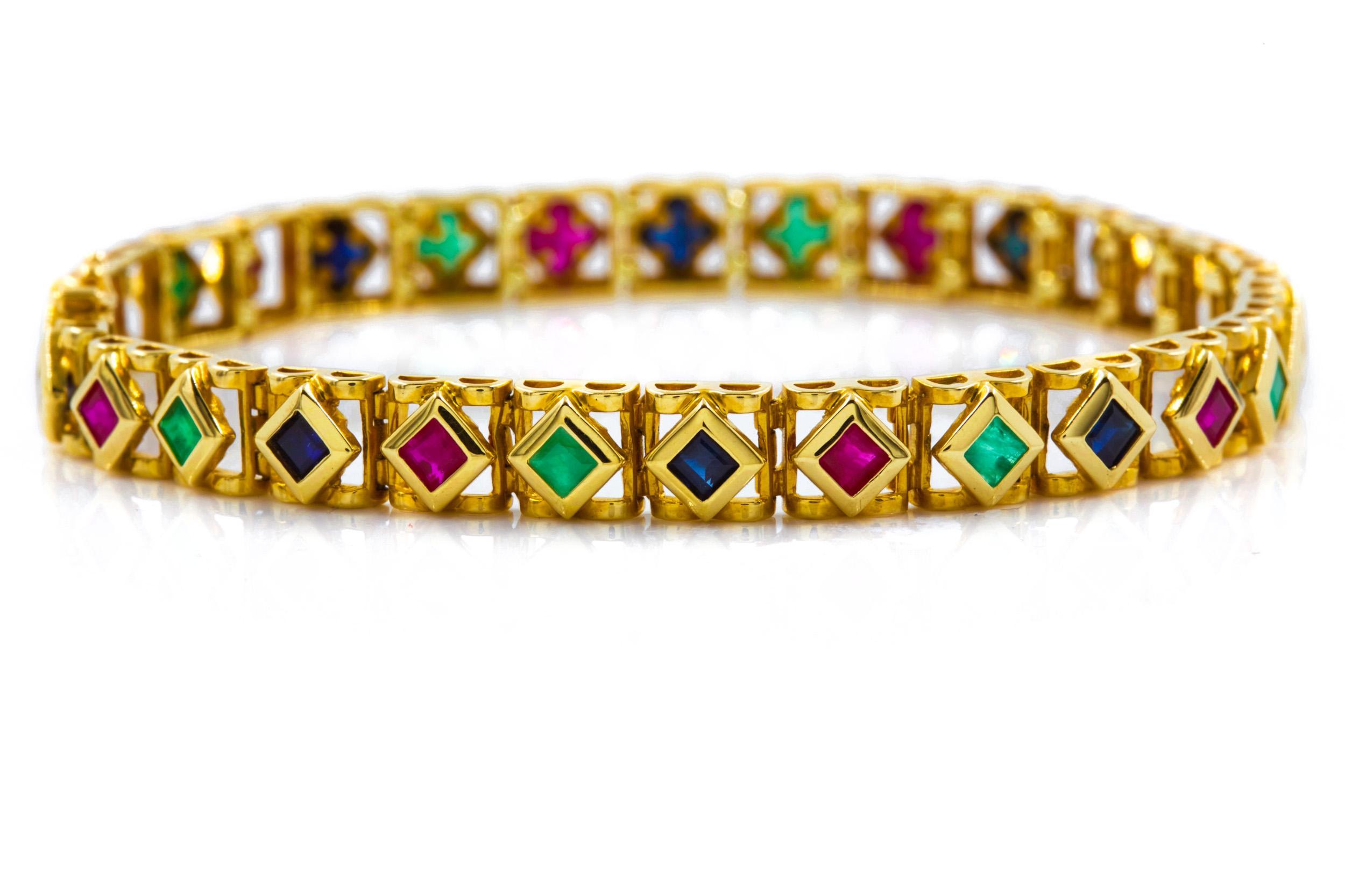 20th Century 14K Yellow Gold Ruby, Emerald and Sapphire Line Bracelet, 7