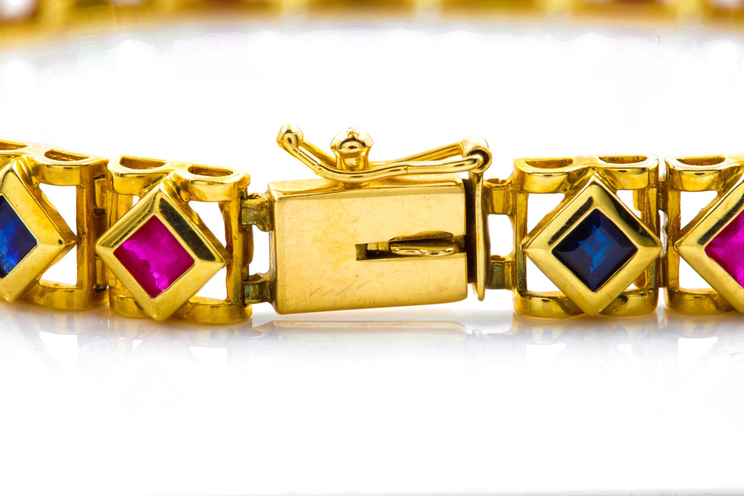 14K Yellow Gold Ruby, Emerald and Sapphire Line Bracelet, 7