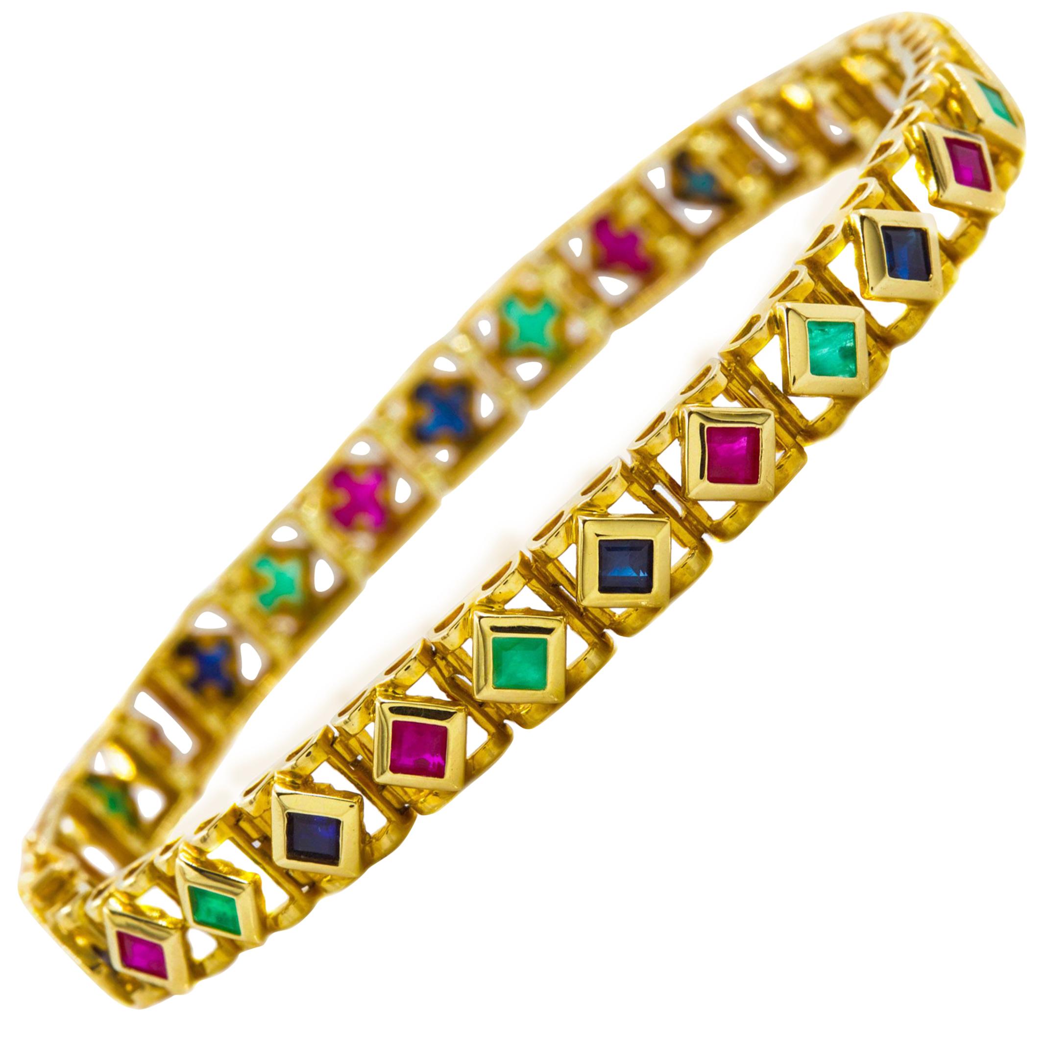 14K Yellow Gold Ruby, Emerald and Sapphire Line Bracelet, 7" long