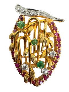 14K Yellow Gold Ruby, Emerald & Diamond Leaf Brooch