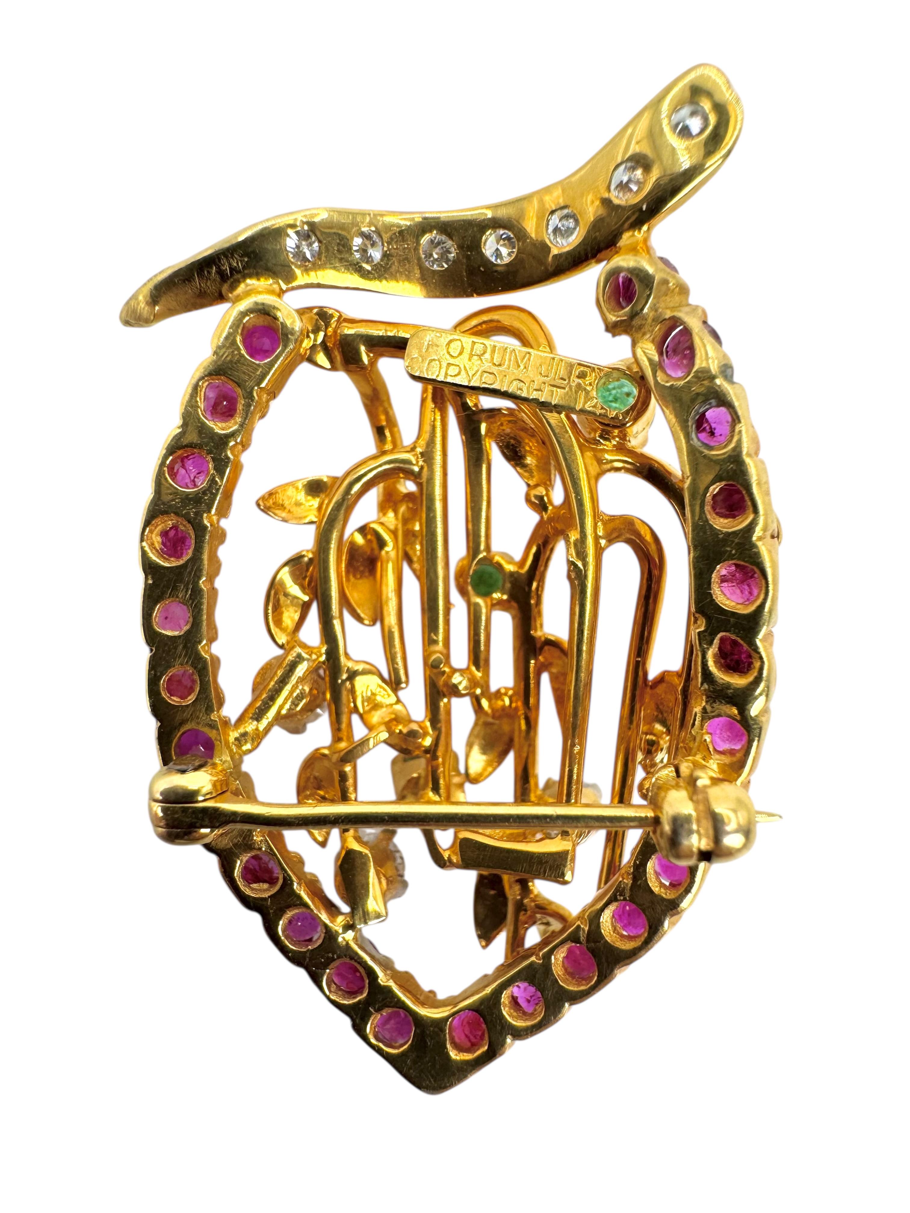 Broche en or jaune 14K à feuilles de rubis, d'émeraudes et de diamants Excellent état - En vente à Great Neck Plaza, NY