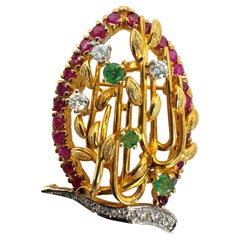 14K Yellow Gold Ruby, Emerald & Diamond Leaf Brooch