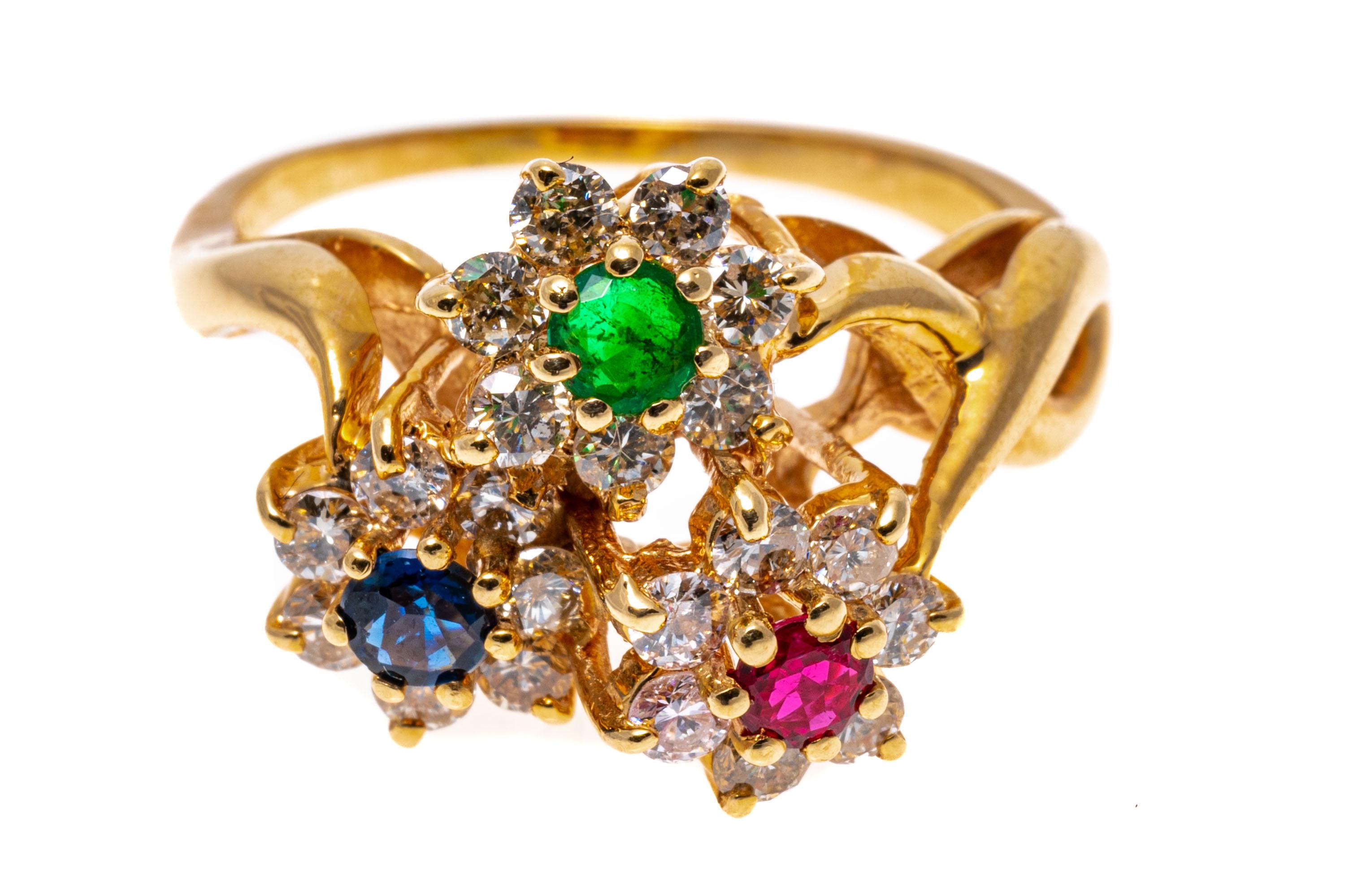 14k Yellow Gold Ruby, Emerald, Sapphire and Diamond Triple Flower Ring In Good Condition For Sale In Southport, CT