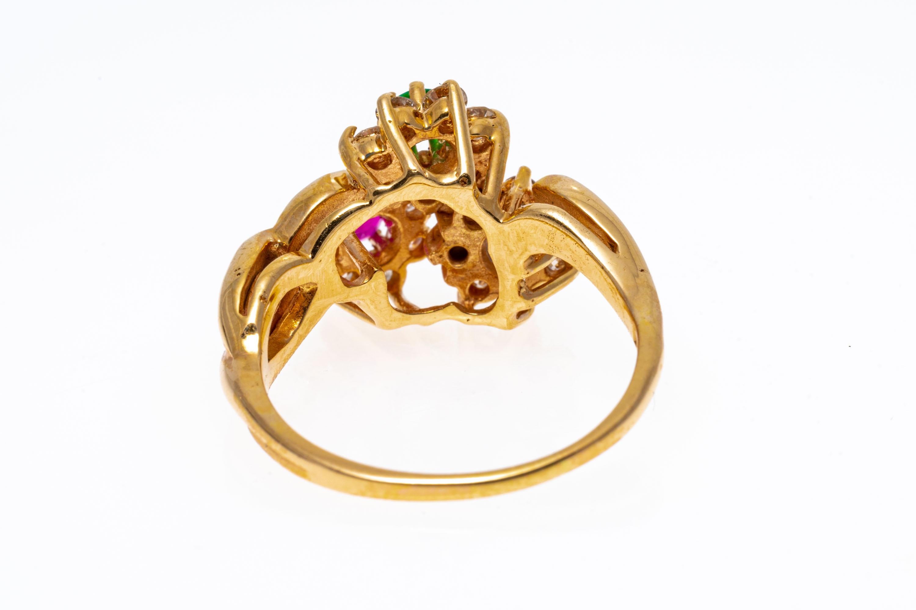 14k Yellow Gold Ruby, Emerald, Sapphire and Diamond Triple Flower Ring For Sale 1