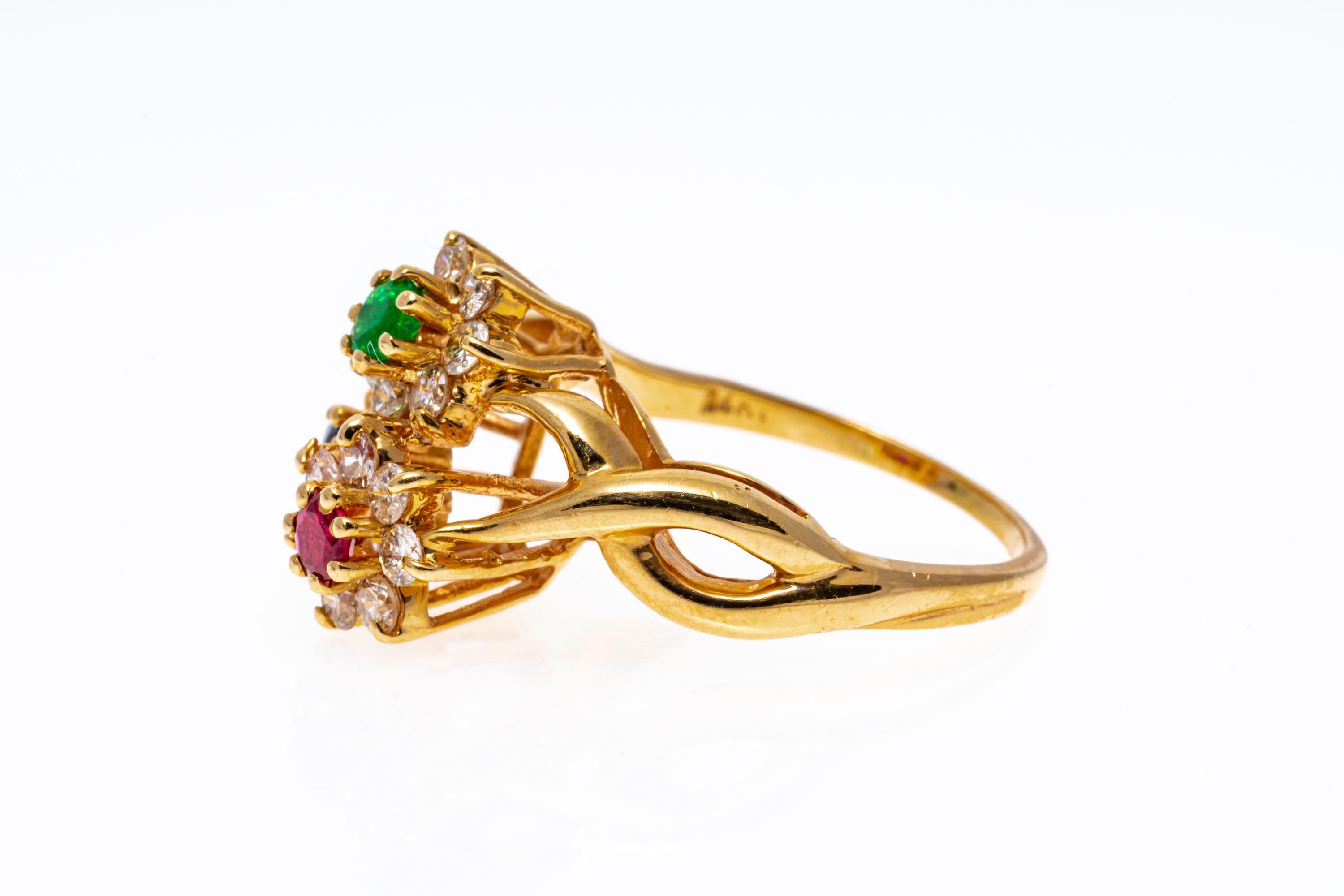 14k Yellow Gold Ruby, Emerald, Sapphire and Diamond Triple Flower Ring For Sale 2