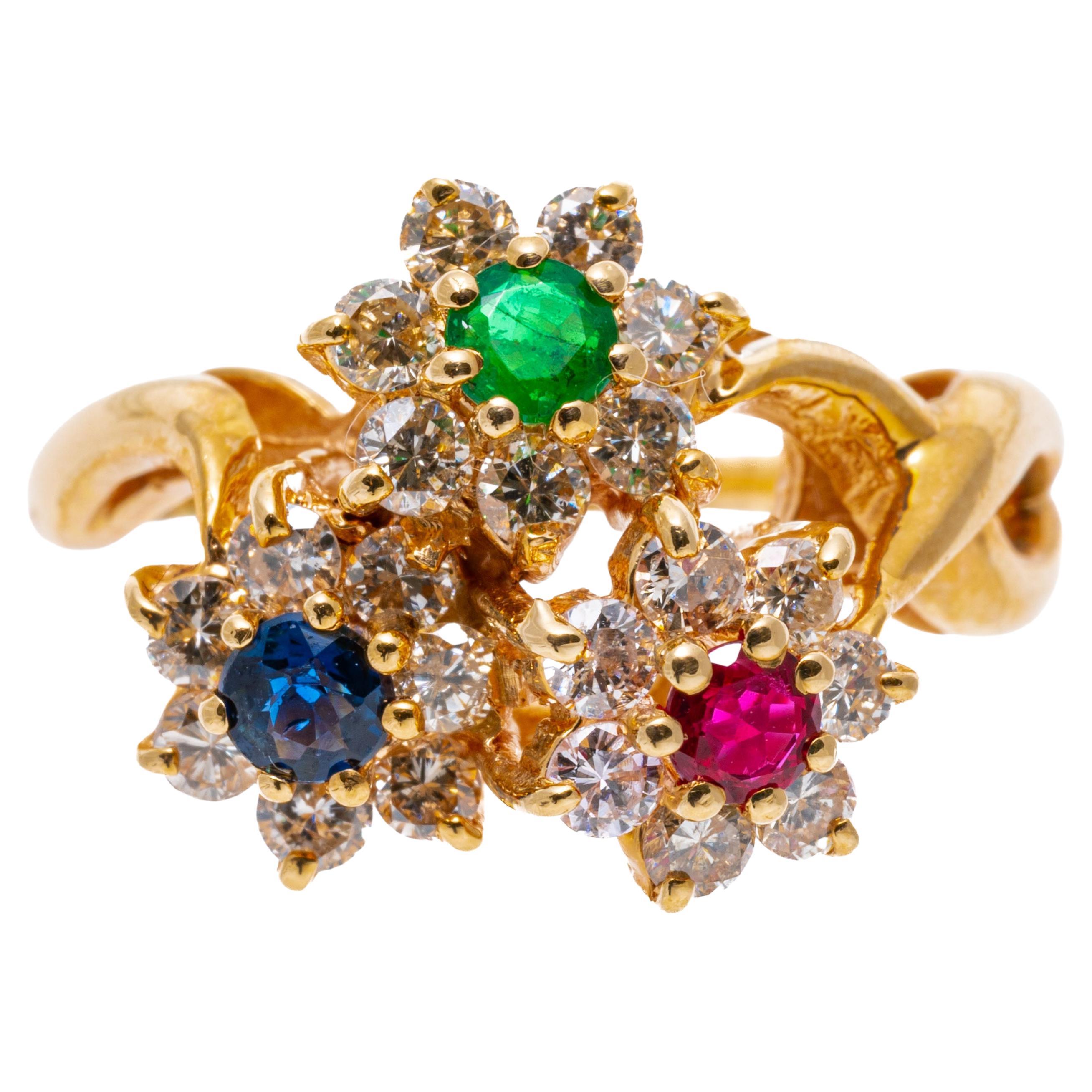 14k Yellow Gold Ruby, Emerald, Sapphire and Diamond Triple Flower Ring For Sale