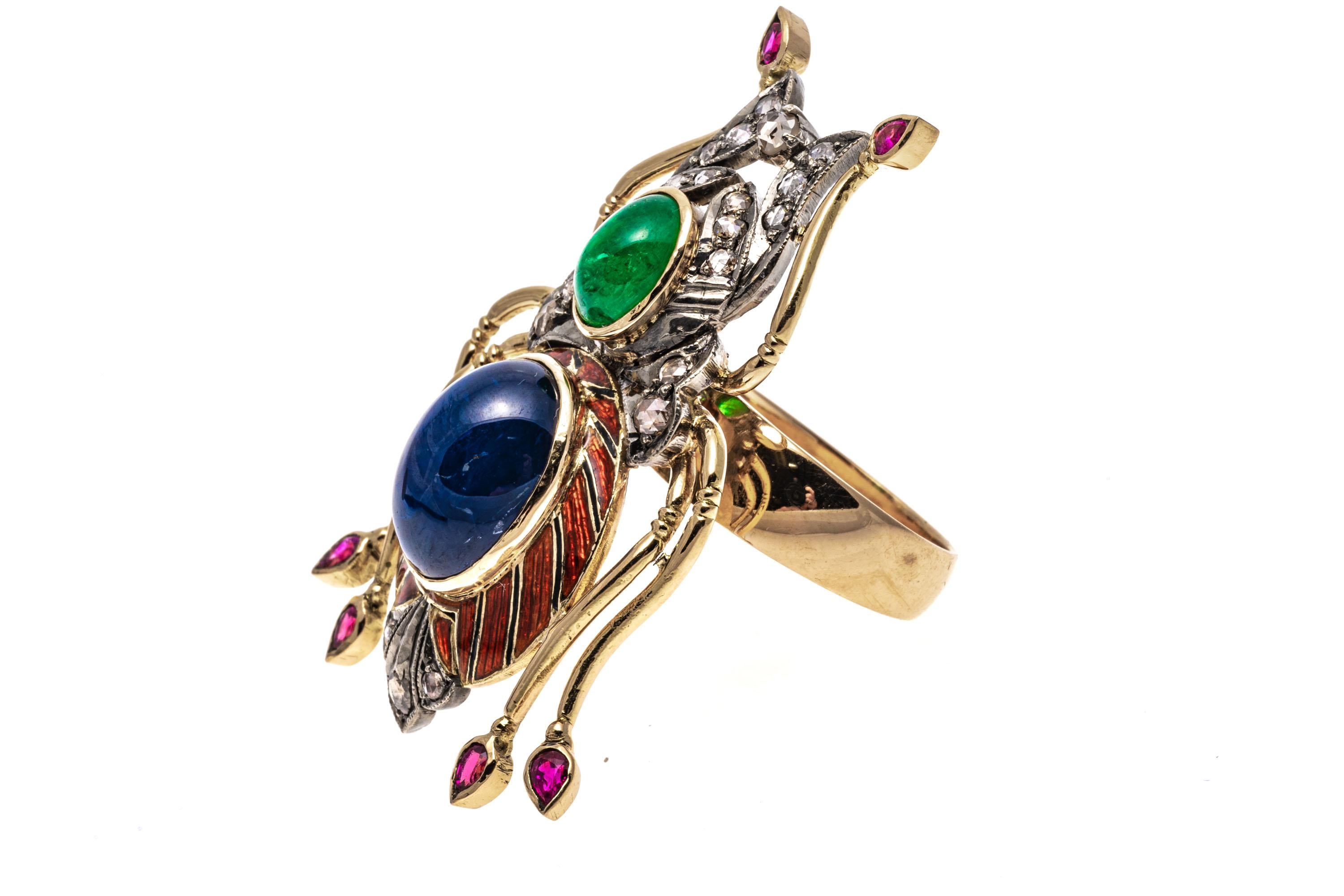 14k Yellow Gold Ruby, Emerald, Sapphire and Macle Diamond Scarab Ring For Sale 3
