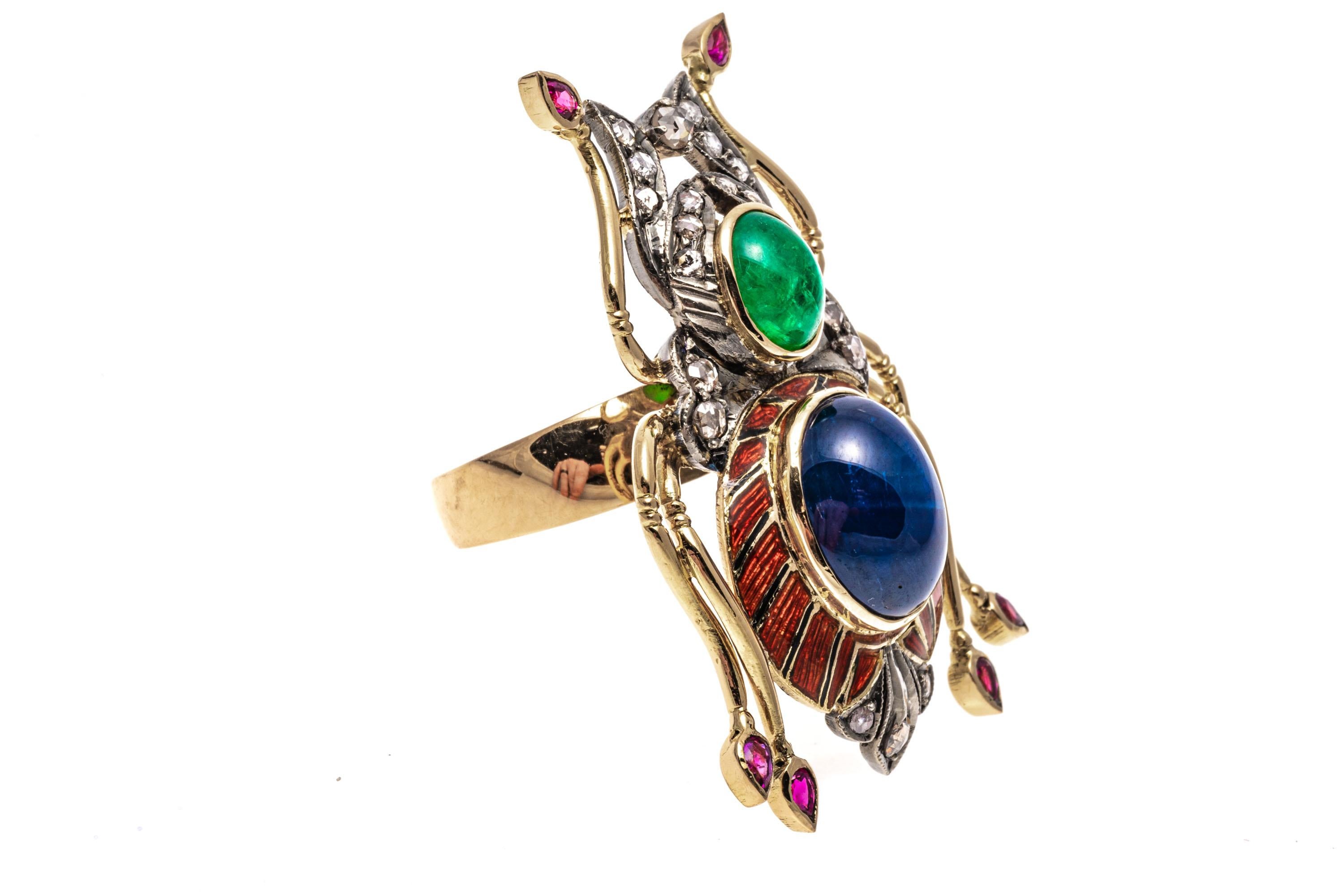 14k Yellow Gold Ruby, Emerald, Sapphire and Macle Diamond Scarab Ring For Sale 4