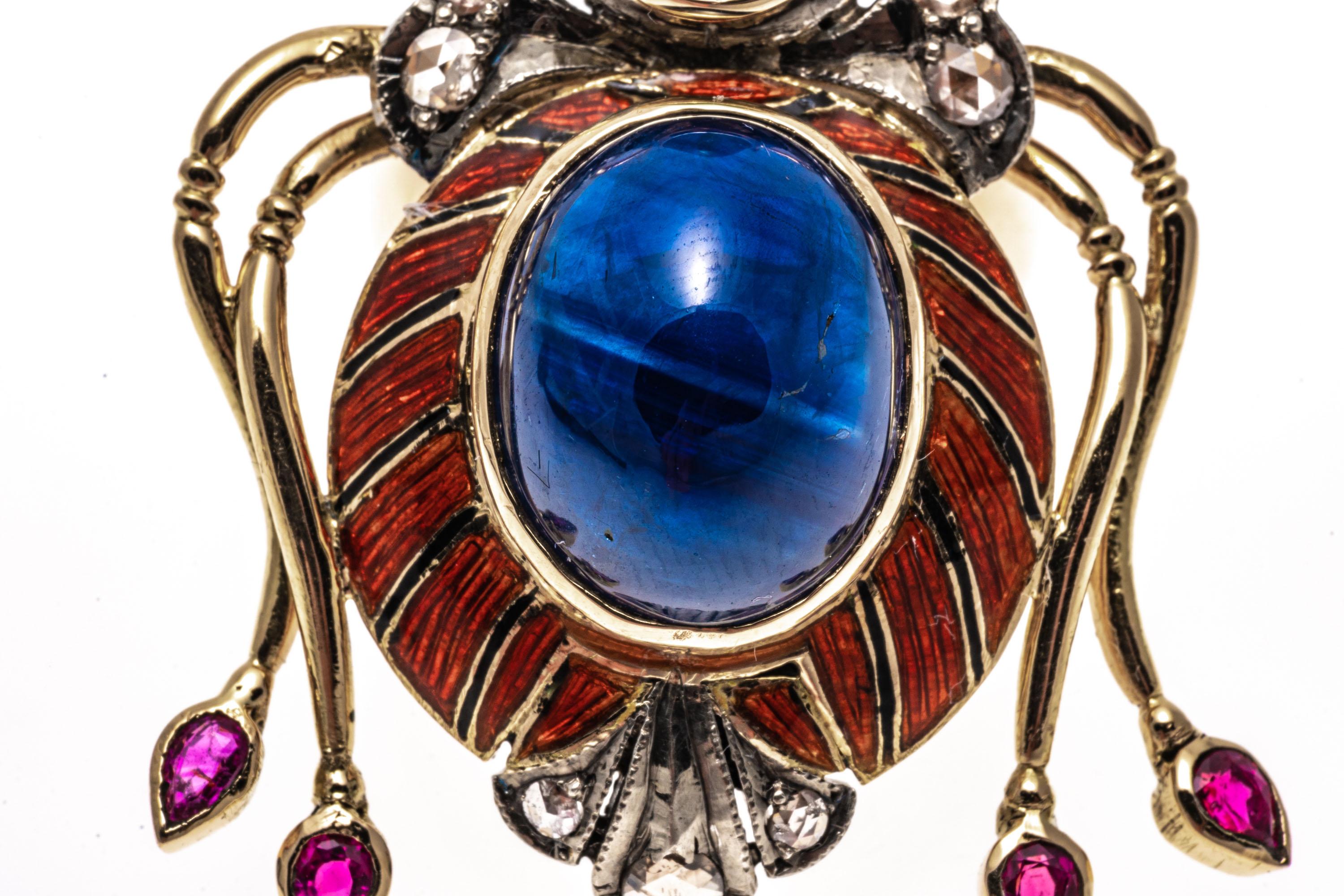 Egyptian Revival 14k Yellow Gold Ruby, Emerald, Sapphire and Macle Diamond Scarab Ring For Sale