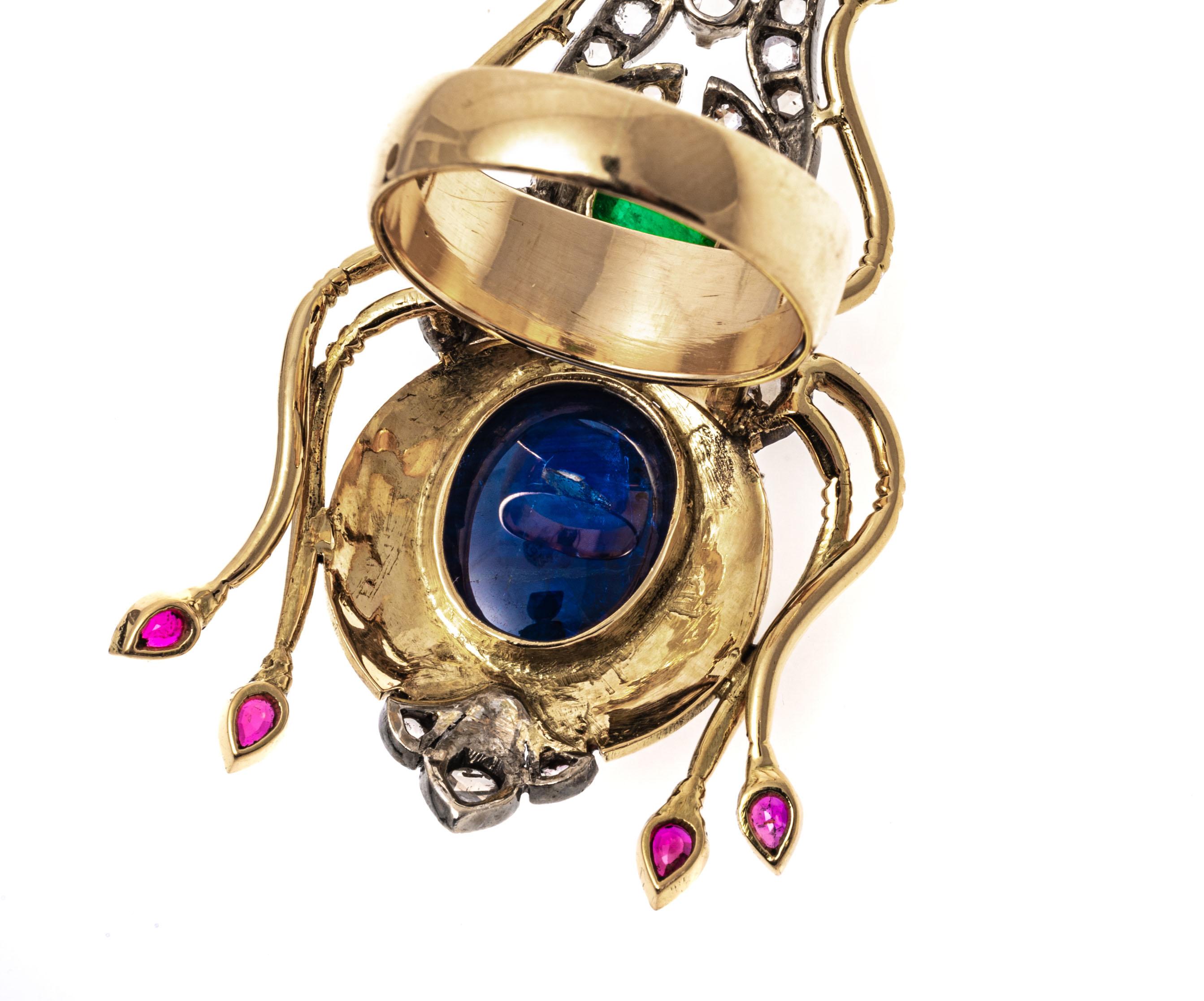 Anillo Escarabajo de Oro Amarillo de 14k con Rubí, Esmeralda, Zafiro y Diamante Macle en venta 2