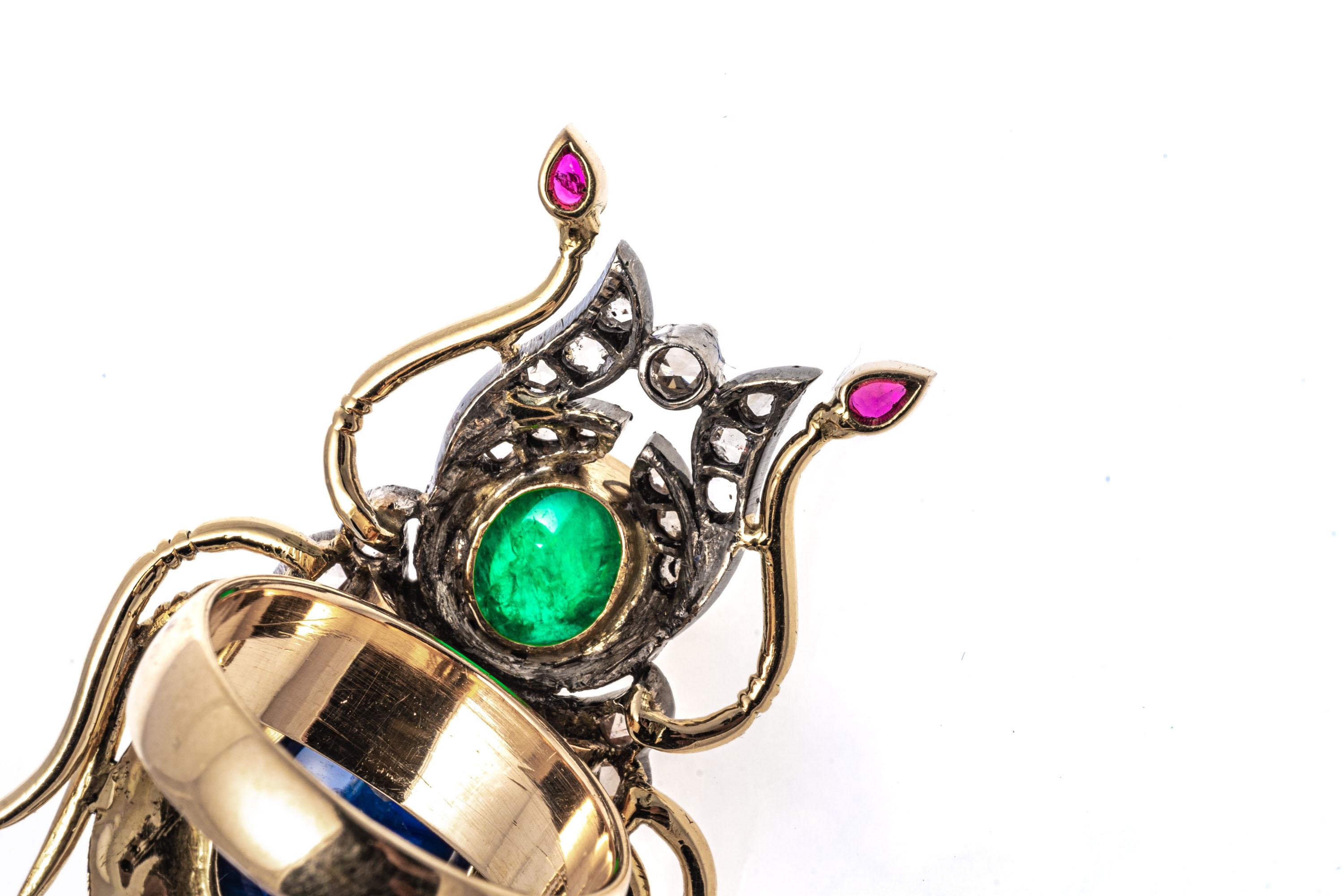 14k Yellow Gold Ruby, Emerald, Sapphire and Macle Diamond Scarab Ring For Sale 1
