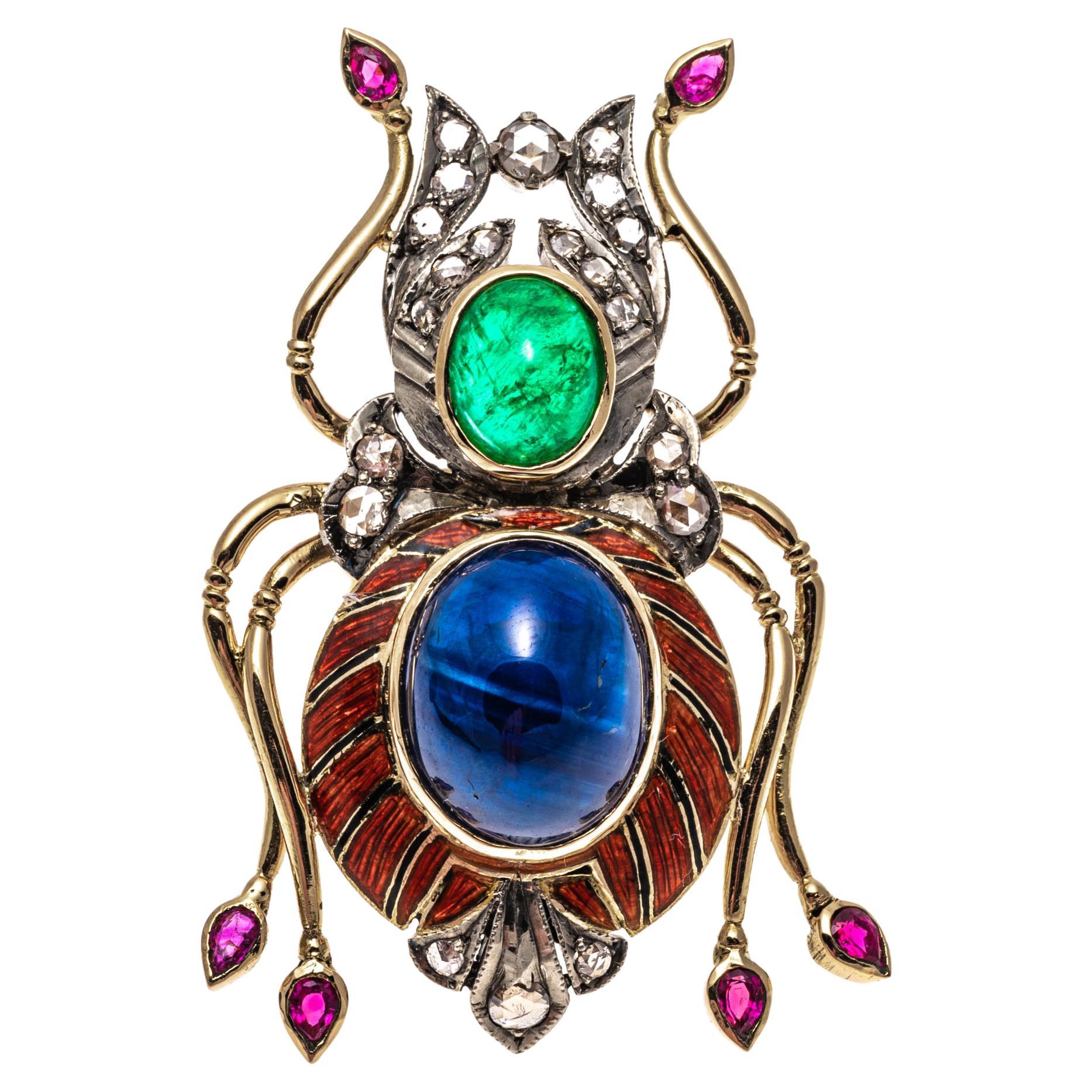 14k Yellow Gold Ruby, Emerald, Sapphire and Macle Diamond Scarab Ring For Sale