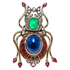 14k Yellow Gold Ruby, Emerald, Sapphire and Macle Diamond Scarab Ring