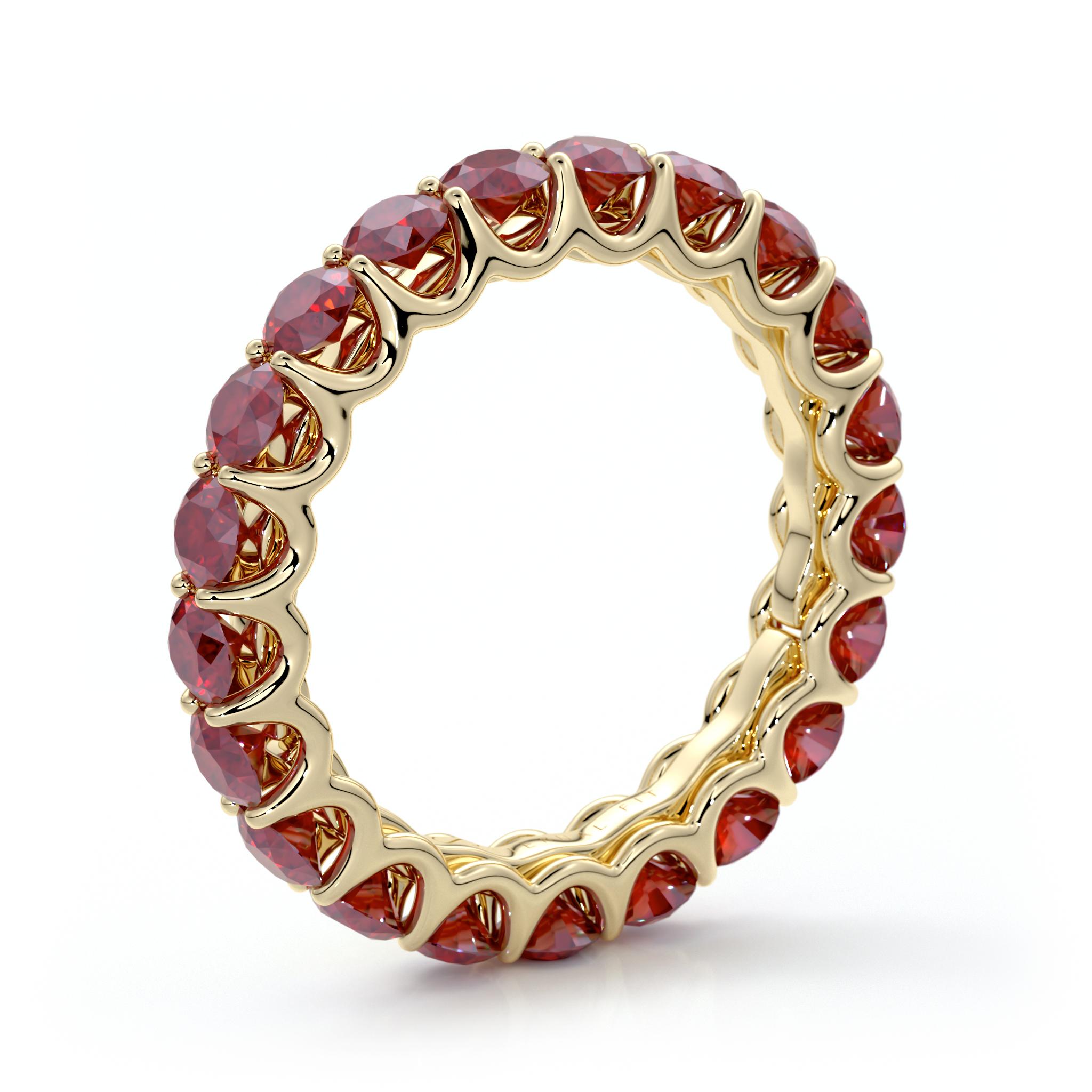 14K yellow gold ruby eternal fit eternity band features 3.26 carats of red created rubies.

Our Eternal Fit rings use a patented sizing technique that allows each of our rings to expand and contract. Each of our rings adjusts up to 2 full sizes to