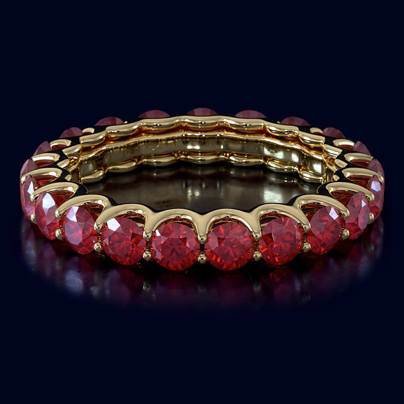 Women's 14 Karat Yellow Gold Ruby Eternal Fit Eternity Band Features 3.26 Carat of Red For Sale