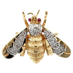 14K Yellow Gold Ruby-Eye Bee Figural Vintage Brooch Pin