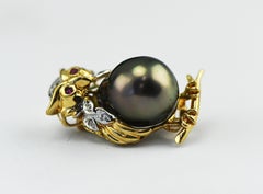 14 Karat Yellow Gold Ruby Eyed Owl Pin with Tahitian South Sea Pearl & Diamonds