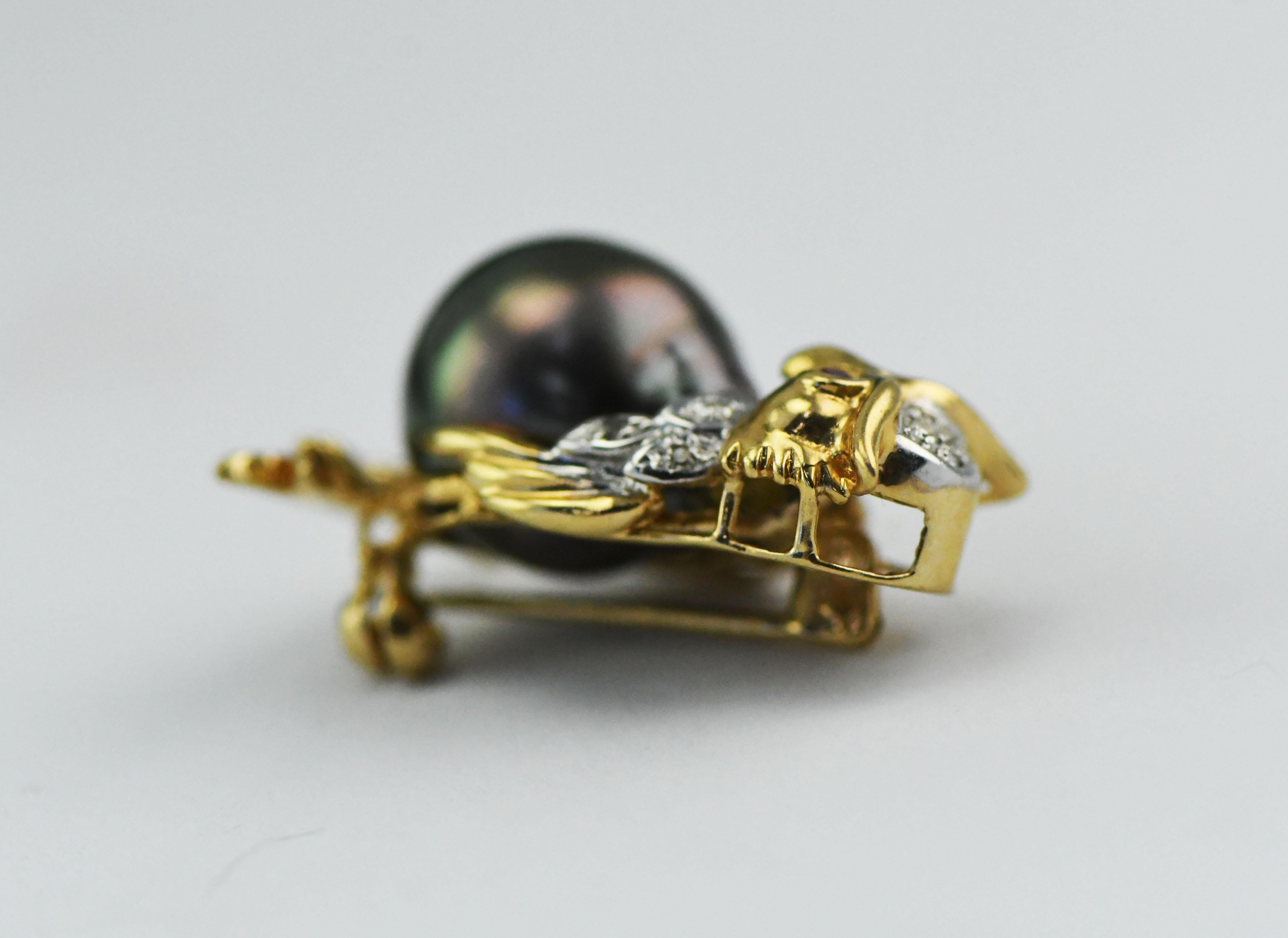 Art Nouveau 14 Karat Yellow Gold Ruby Eyed Owl Pin with Tahitian South Sea Pearl & Diamonds For Sale