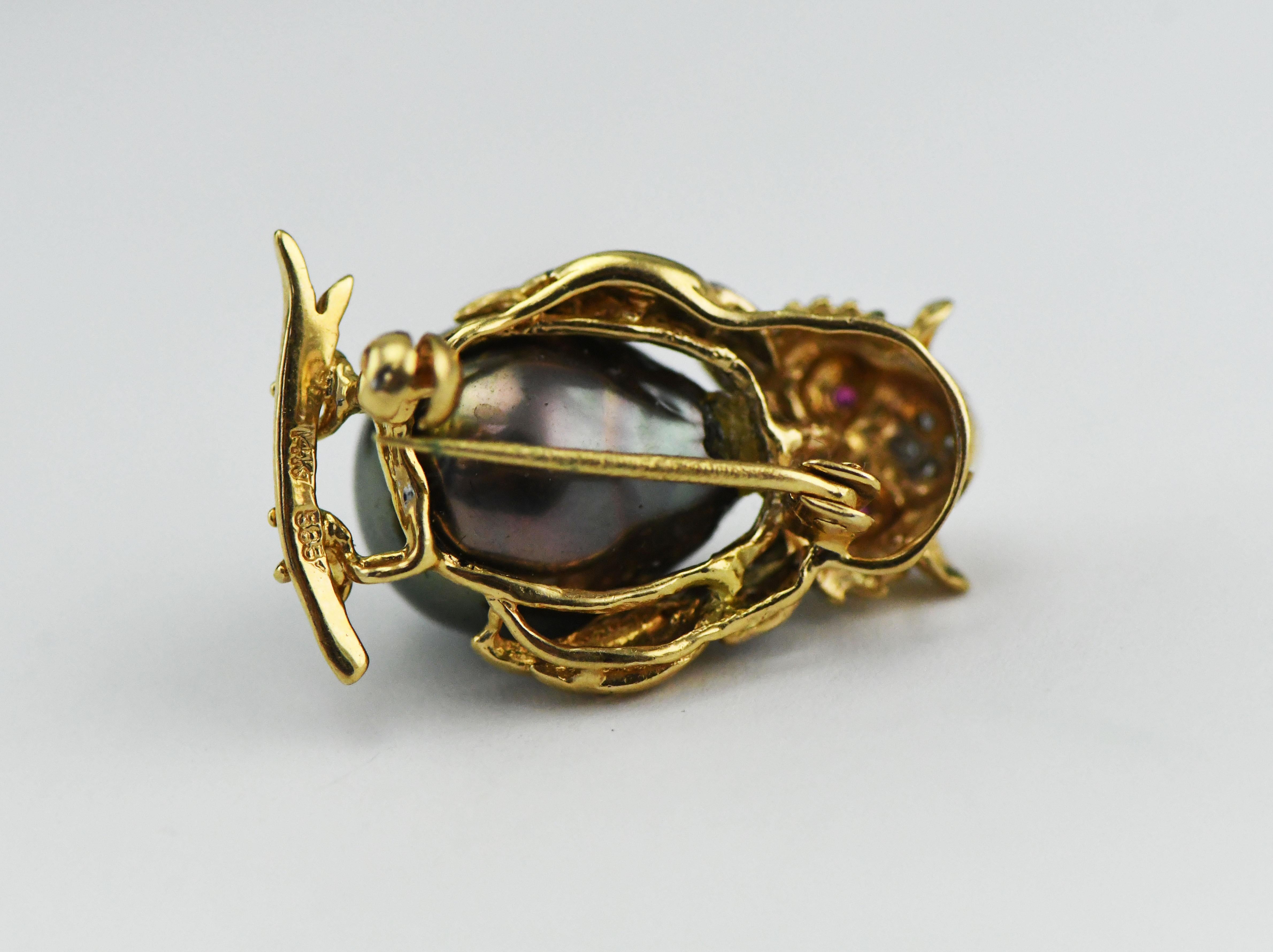 Round Cut 14 Karat Yellow Gold Ruby Eyed Owl Pin with Tahitian South Sea Pearl & Diamonds For Sale