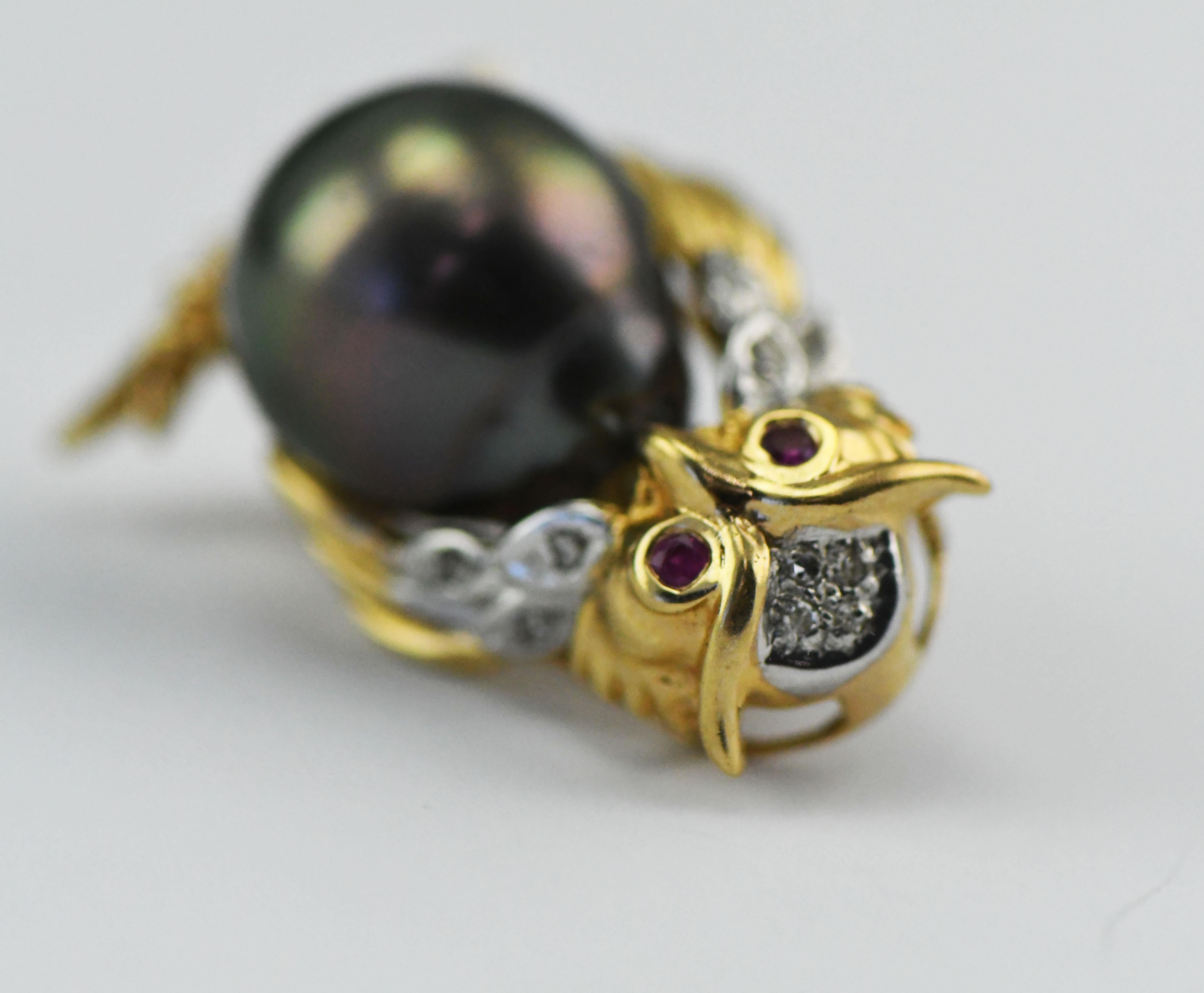 Women's 14 Karat Yellow Gold Ruby Eyed Owl Pin with Tahitian South Sea Pearl & Diamonds For Sale