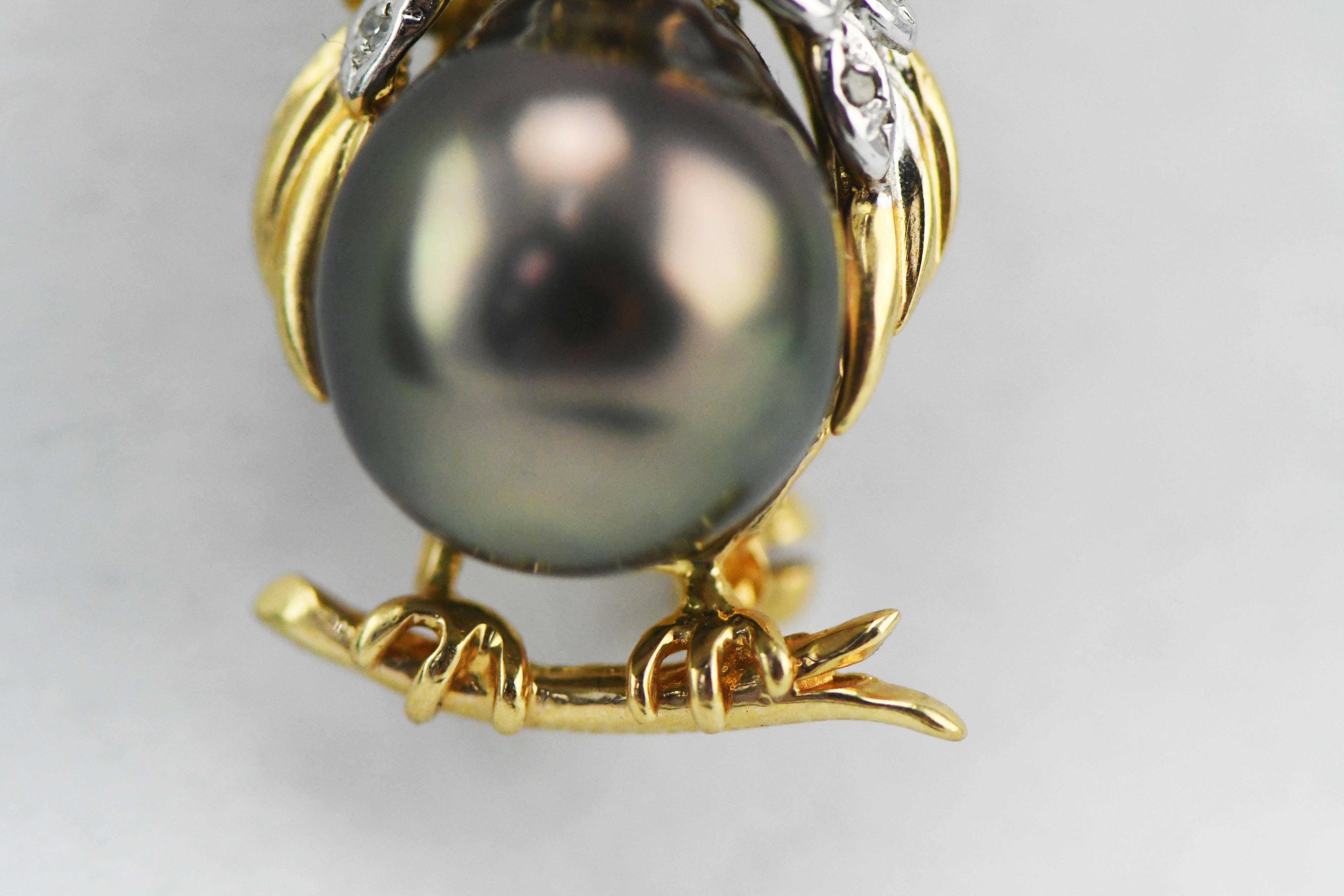 14 Karat Yellow Gold Ruby Eyed Owl Pin with Tahitian South Sea Pearl & Diamonds For Sale 2