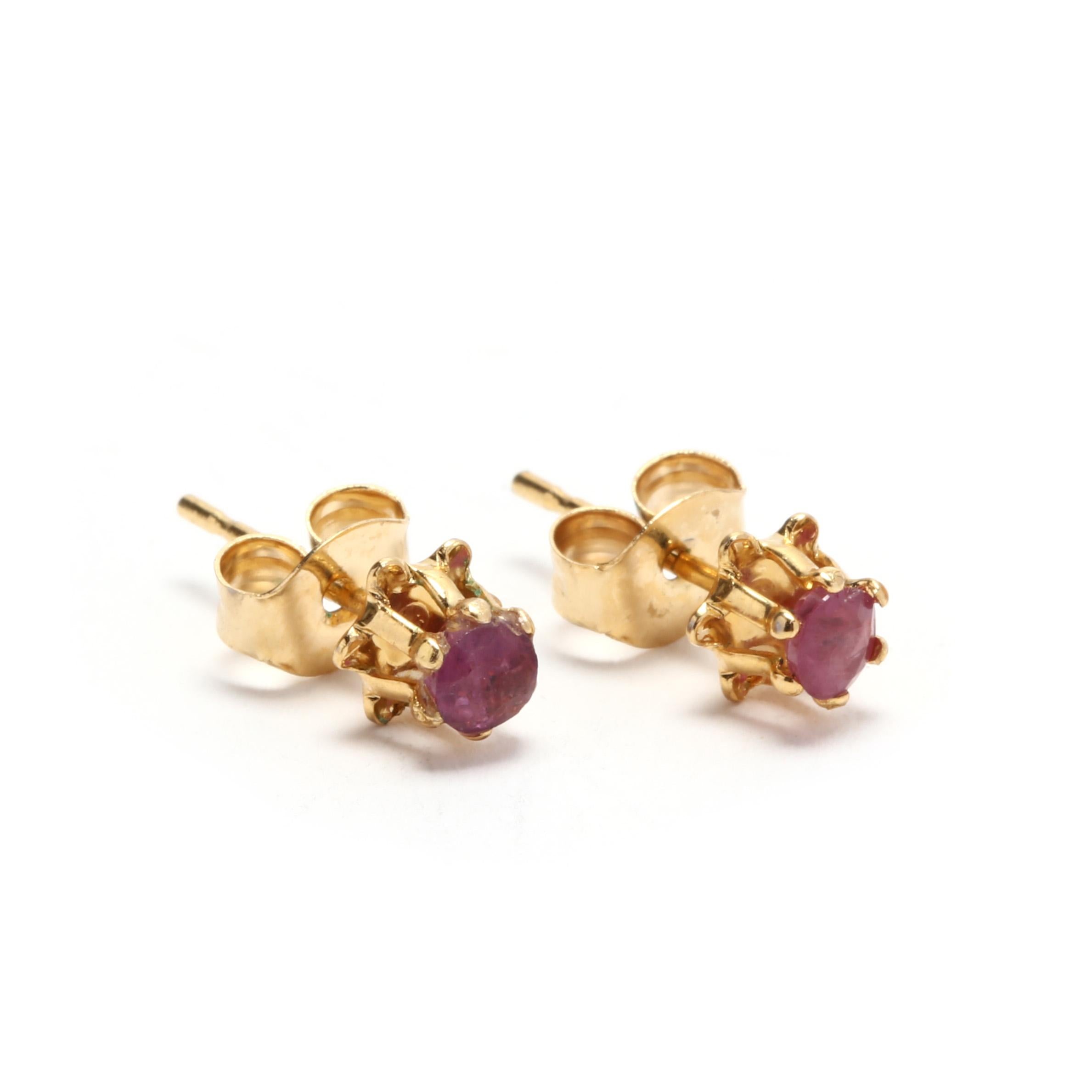 Round Cut 14 Karat Yellow Gold and Ruby Flower Stud Earrings