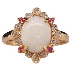 Vintage 14K Yellow Gold Ruby, Opal and Diamond Ring