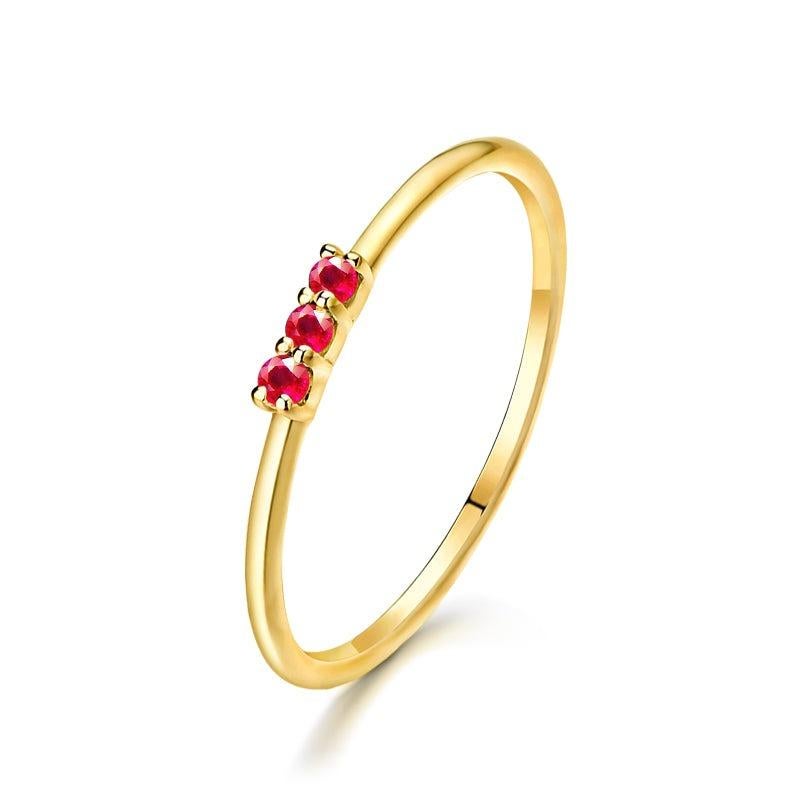 For Sale:  Three Stone Round Ruby 14K Yellow Gold Band Ring 4