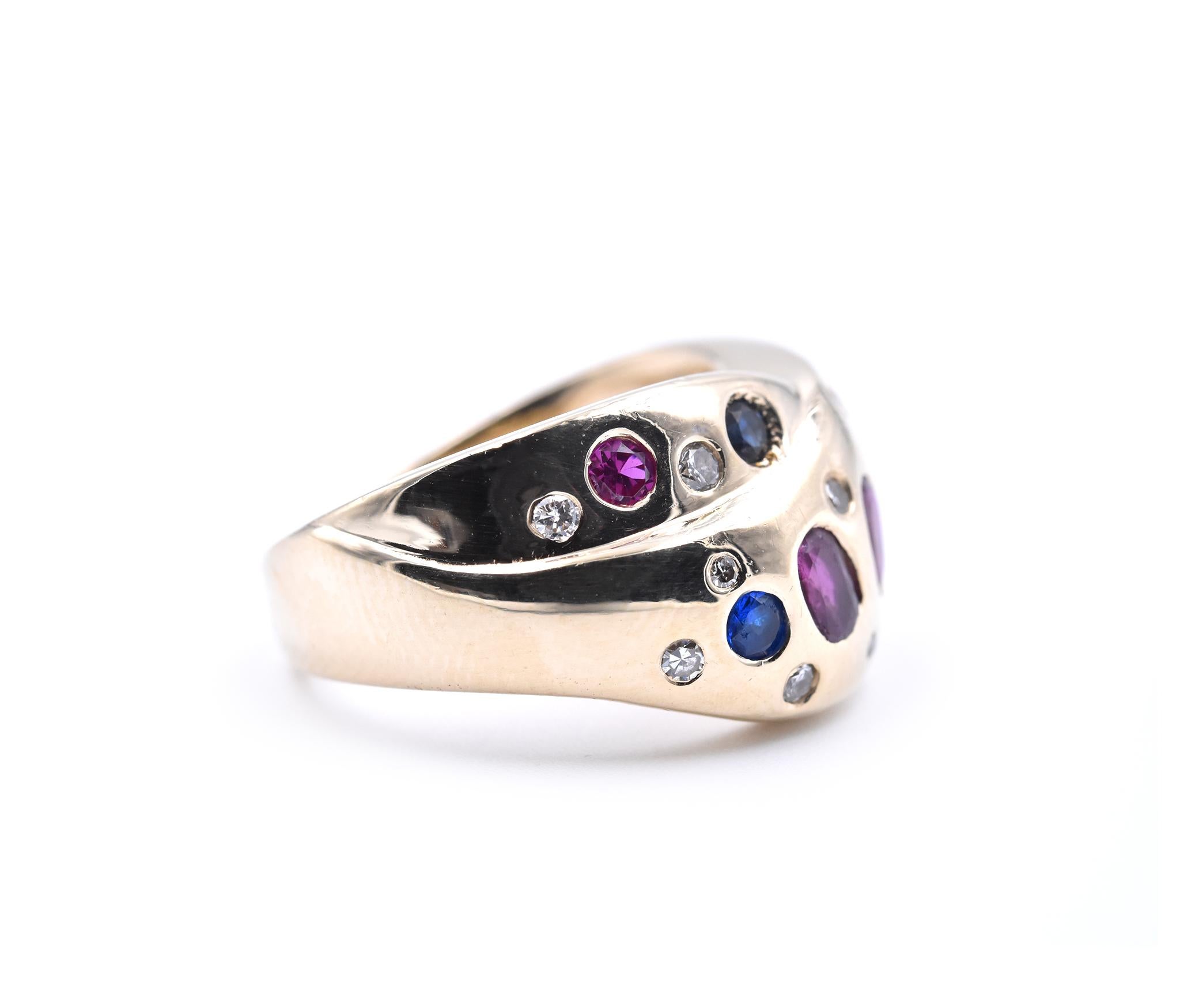 Designer: custom design hallmarked “Lg”
Material: 14k yellow gold
Ruby: 3 oval cuts and 1 round cut
Sapphires: 3 round cut
Emerald: 1 round cut
Diamonds: 11 round brilliant cut
Ring Size: 7 (please allow two additional shipping days for sizing