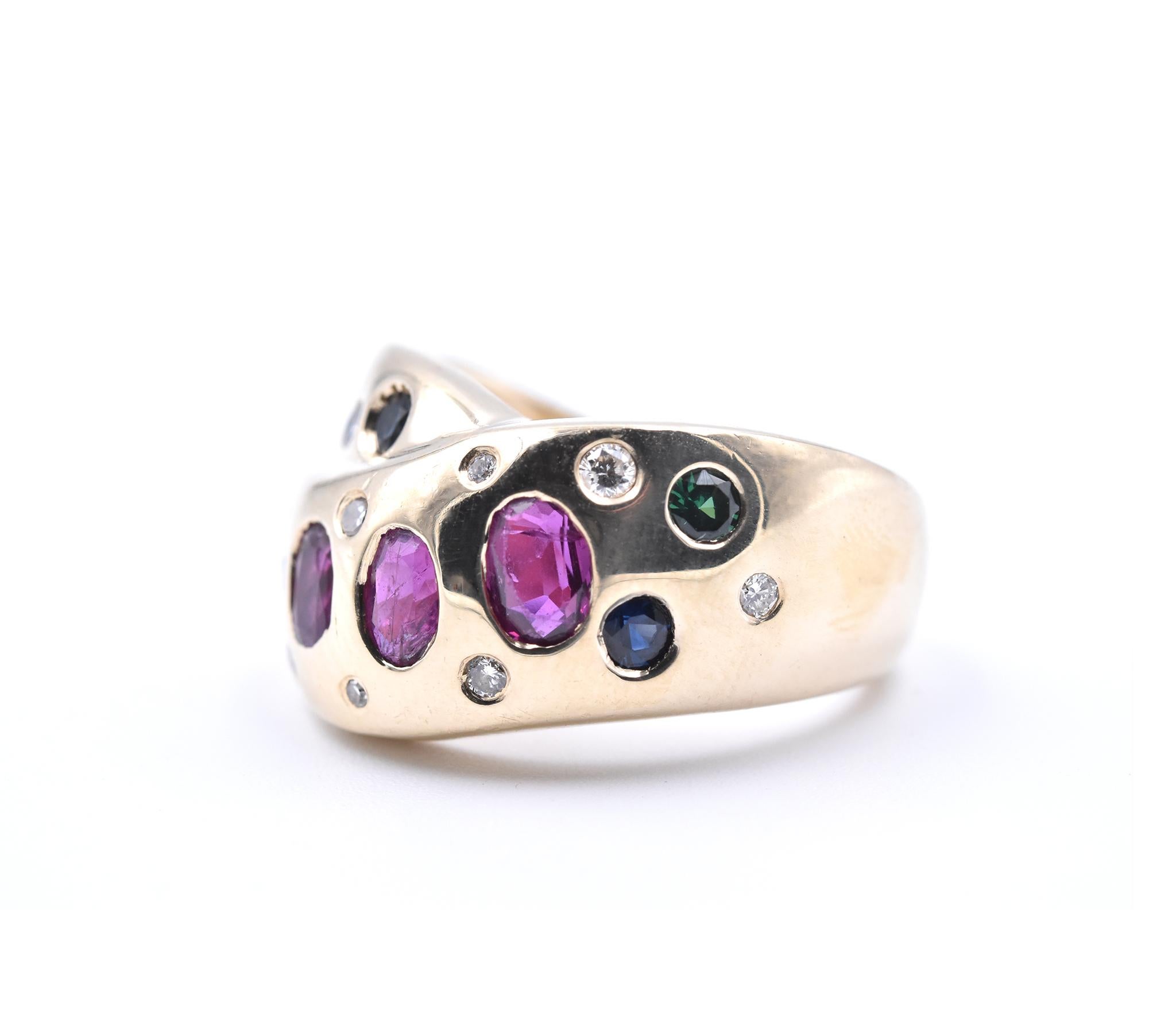 14 Karat Yellow Gold Ruby, Sapphire, Emerald, and Diamond Crossover Ring In Excellent Condition In Scottsdale, AZ