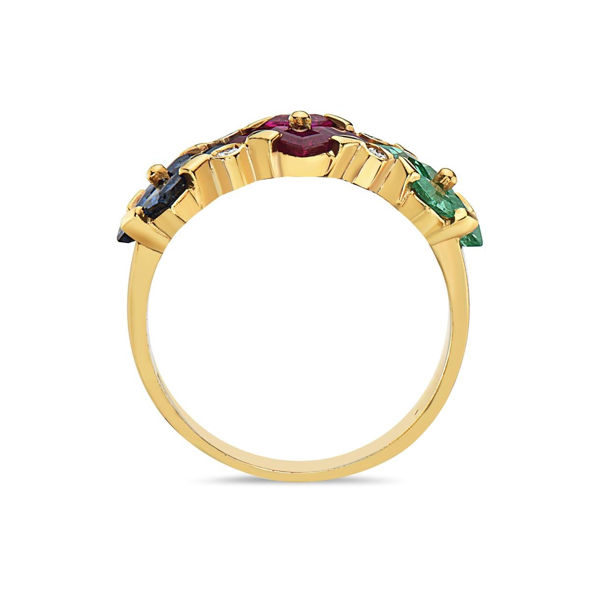 This ring features a mix of ruby, sapphire, emerald, and diamonds set in 14K yellow gold. 4.6 grams total weight. Size 7 3/4.

Viewings available in our NYC showroom by appointment.