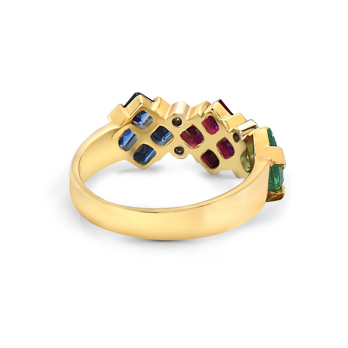 14 Karat Yellow Gold Ruby Sapphire Emerald and Diamond Ring In New Condition For Sale In New York, NY