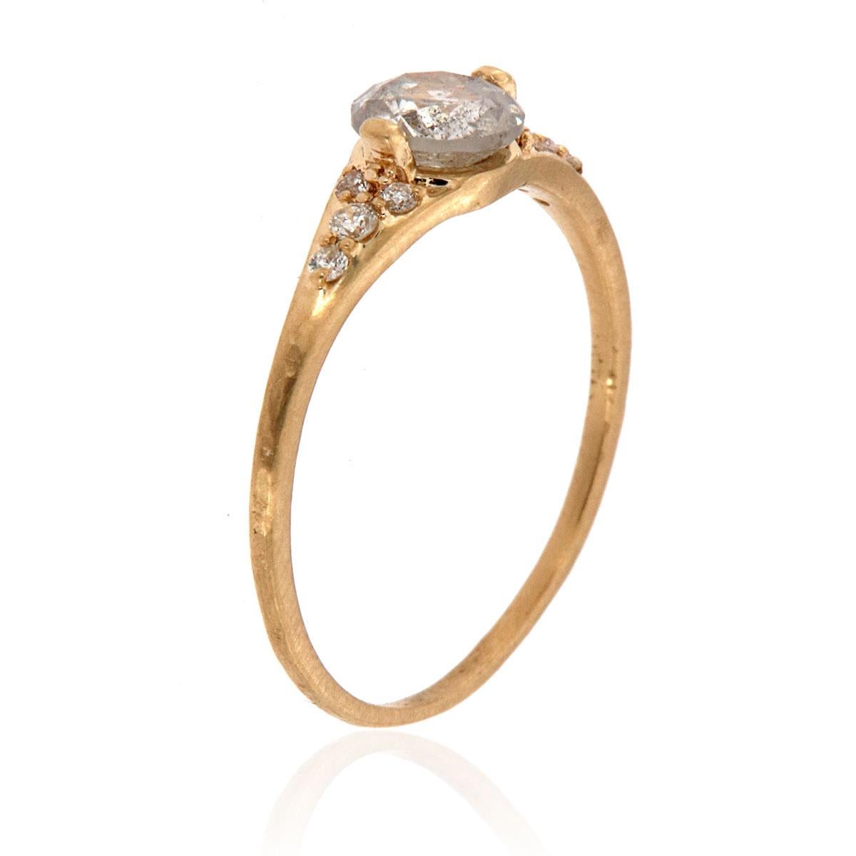 This delicately handcrafted, one-of-a-kind rustic, organically designed ring features a 0.65-carat Salt & Pepper Rose cut round-shaped natural diamond two prong set. Four round diamonds are scattered evenly on each side of the center gem. The 1.2 mm