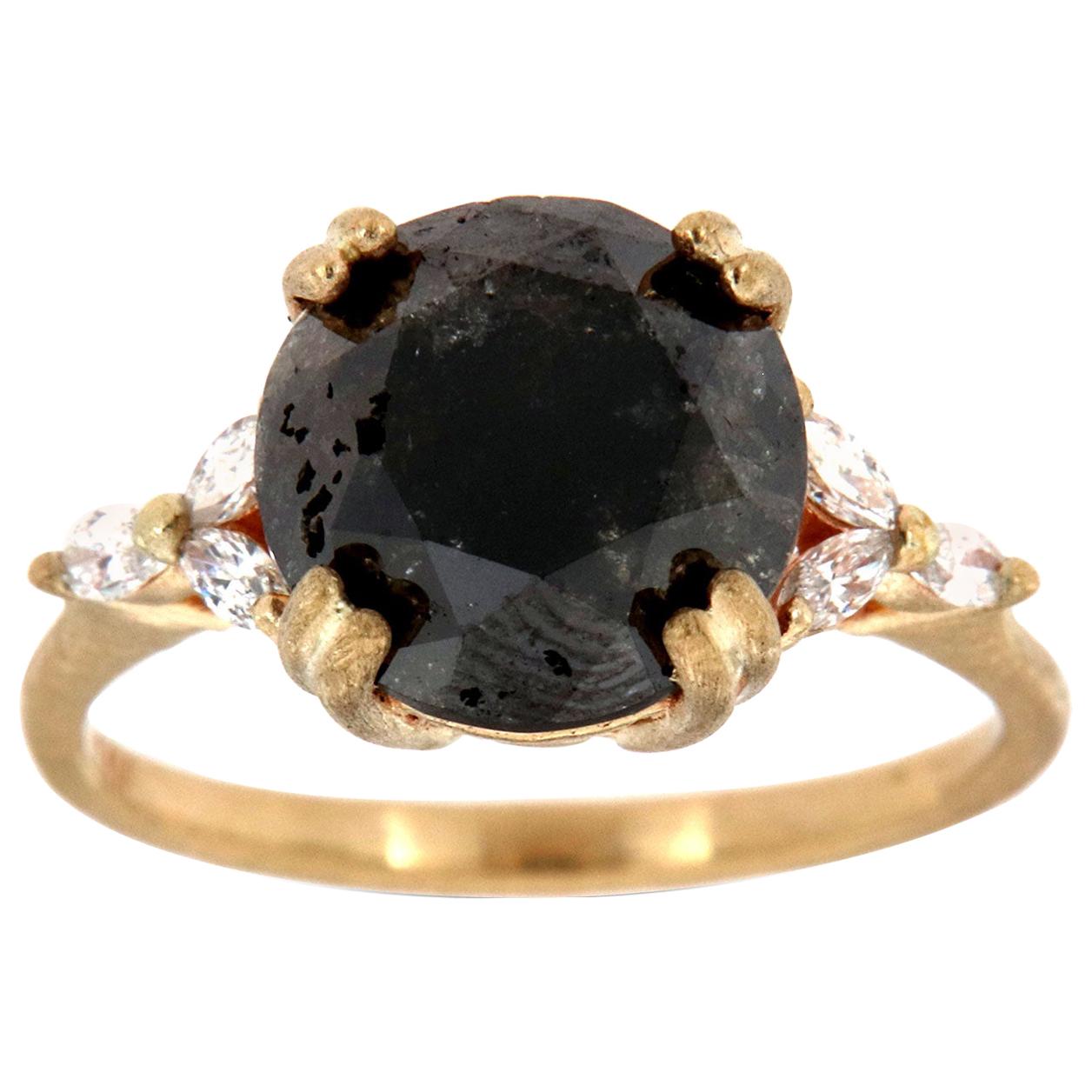 14K Yellow Gold Rustice Earthy Salt and Pepper Diamond Ring Center: 5.12 Carat