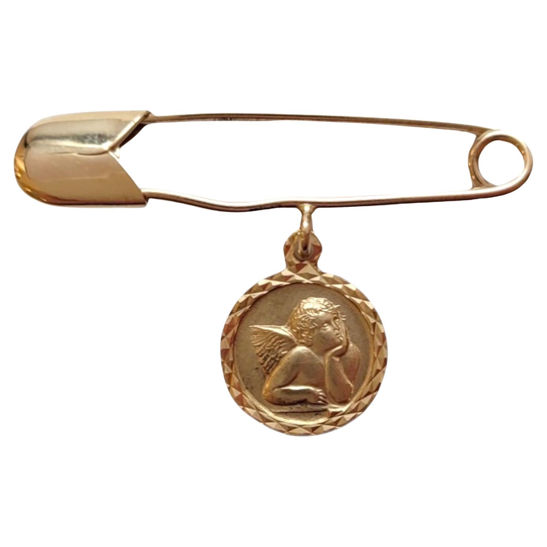14K Yellow Gold Safety Pin With Cherub Angel Charm #18339