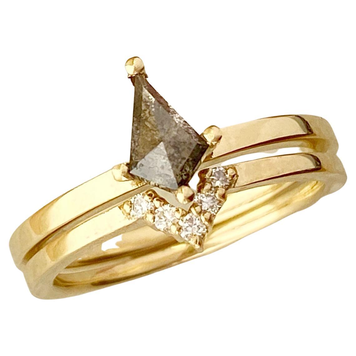 Salt and Pepper Diamond Engagement Ring Rose Gold, Moonstone Tiara Wedding Band at 1stDibs