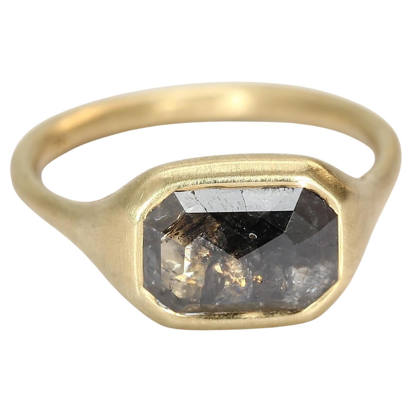 14k Yellow Gold Salt 
Pepper Diamond Bezel-Set Matte Texture Ring - Size 6.75 For Sale