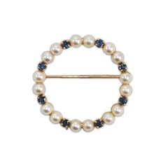 14K Yellow Gold Saltwater pearls & Natural Sapphire Brooch