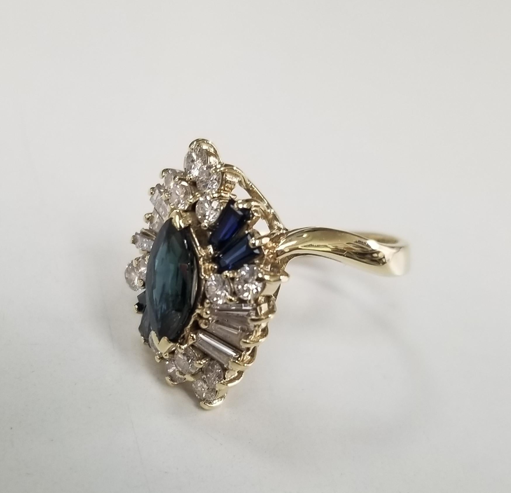 Specifications:    
    MAIN stone: 20 PCS  DIAMOND APPROX 1.10CTW
    SIDE STONES: 5 PCS SAPPHIRES 
    CARAT TOTAL WEIGHT: 1.10cts.
    COLOR/clarity: G/VS
    brand: UNBRANDED
    metal: 14K YELLOW GOLD
    type: RING
    weight: 5 GRAMS
   