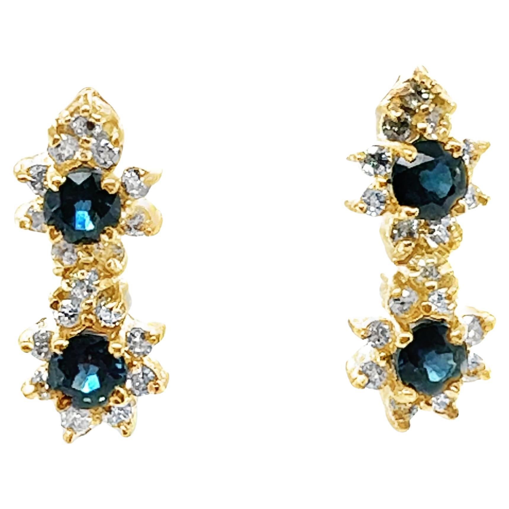 14k Yellow Gold Sapphire and Diamond Dangling Earrings