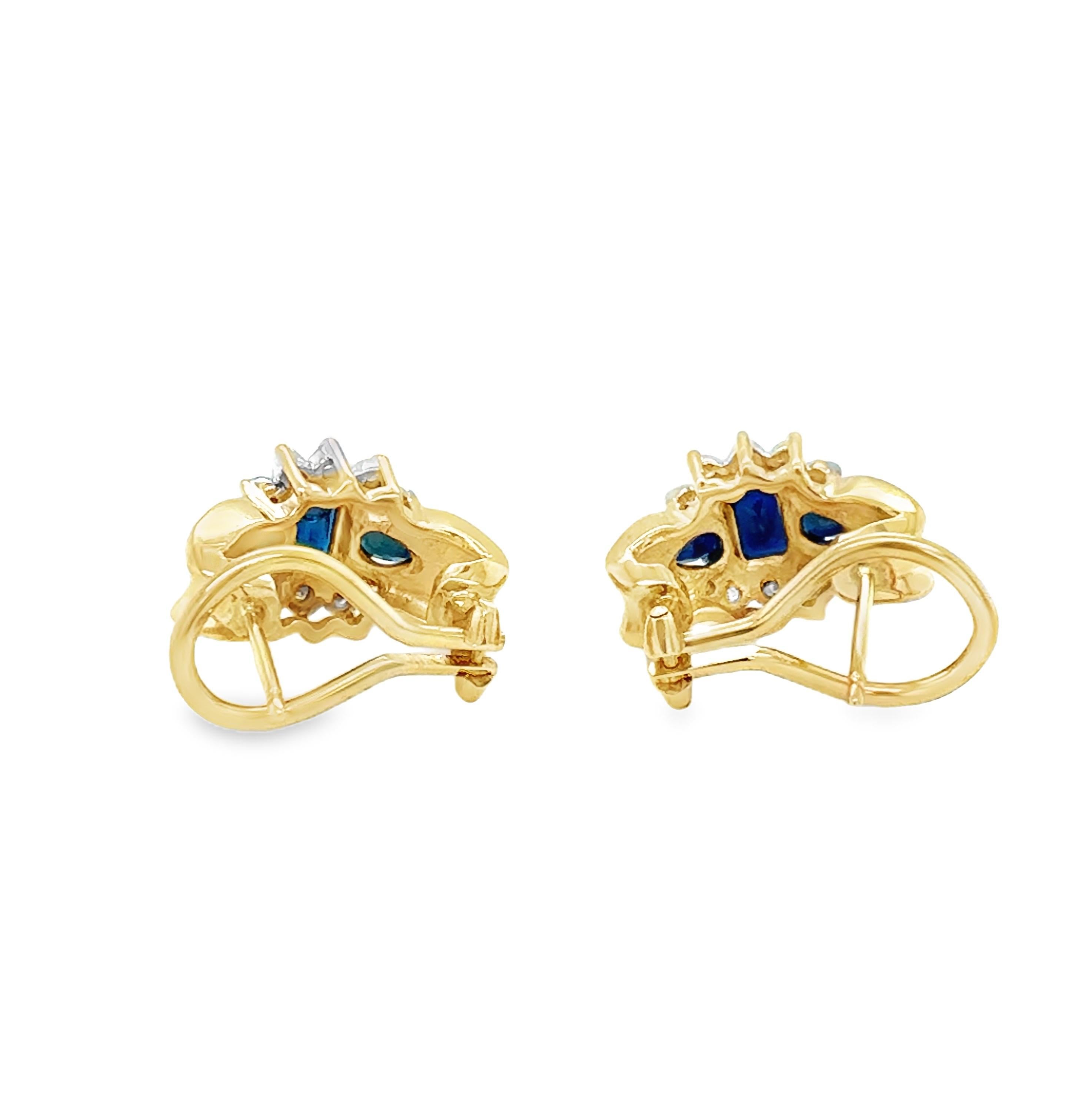 Taglio smeraldo Orecchini con zaffiri e diamanti in oro giallo 14k in vendita