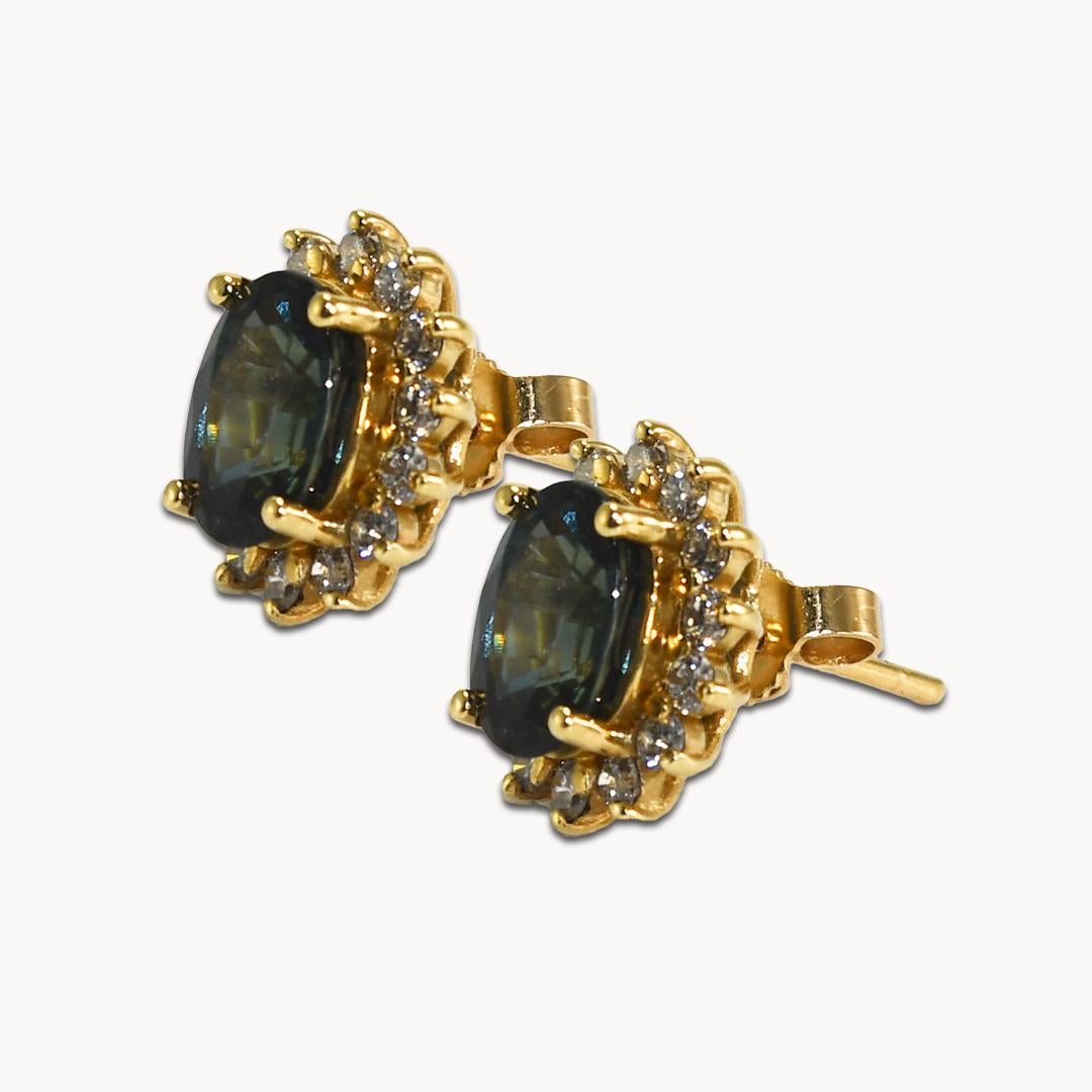 Women's or Men's 14K Yellow Gold Sapphire and Diamond Earrings For Sale