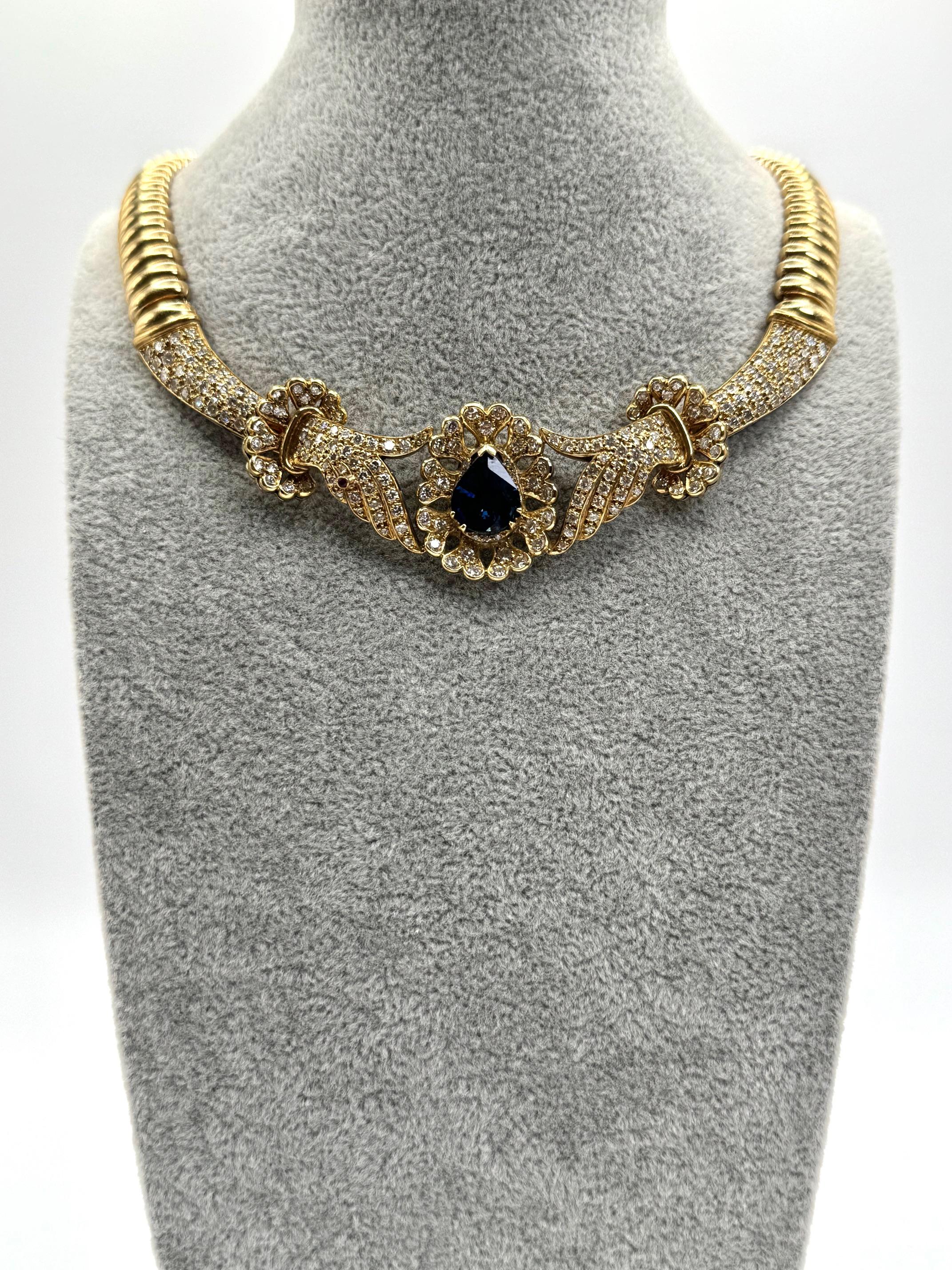 Pear Cut 14K Yellow Gold Sapphire and Diamond Necklace For Sale
