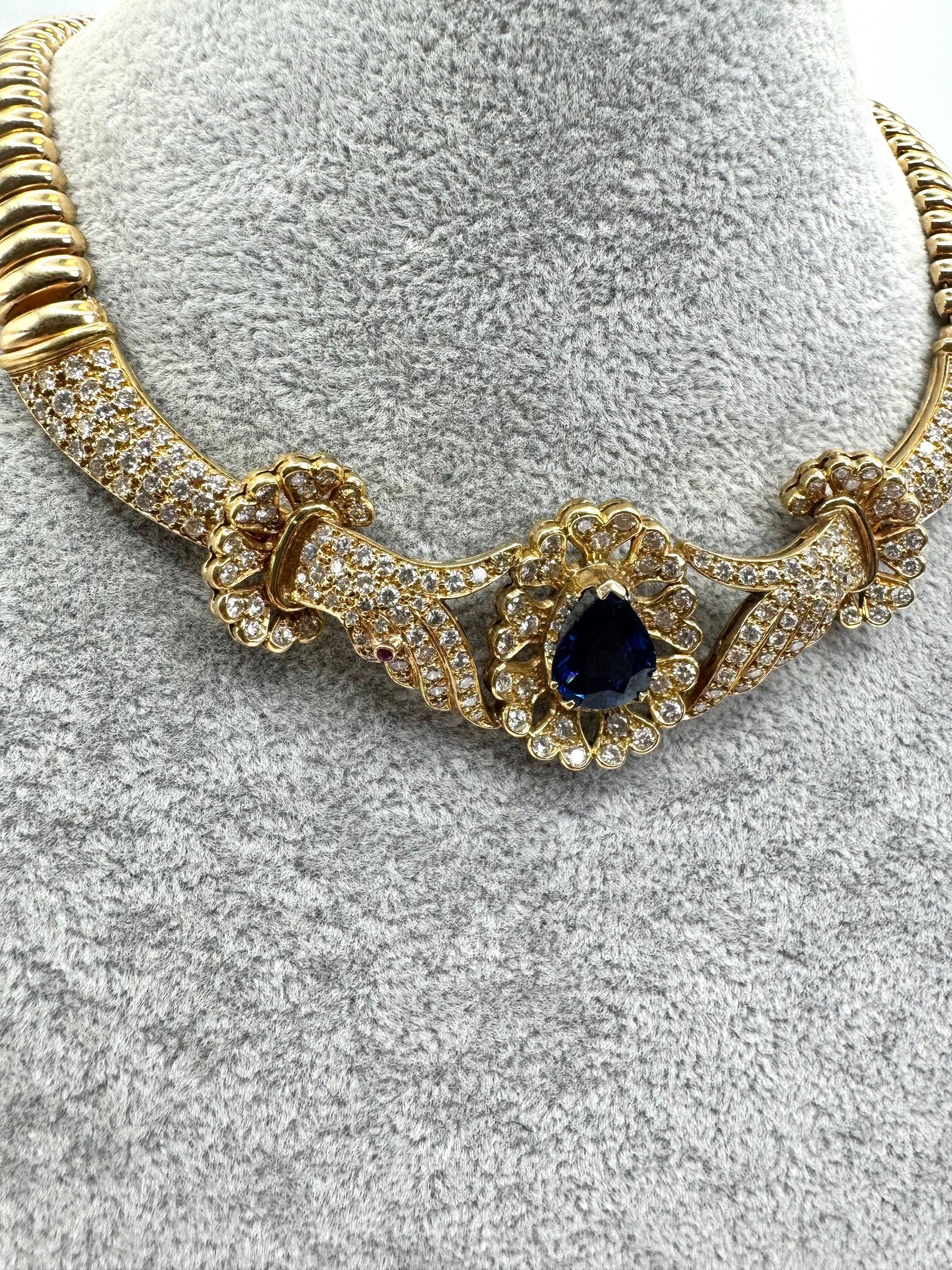 Women's 14K Yellow Gold Sapphire and Diamond Necklace For Sale