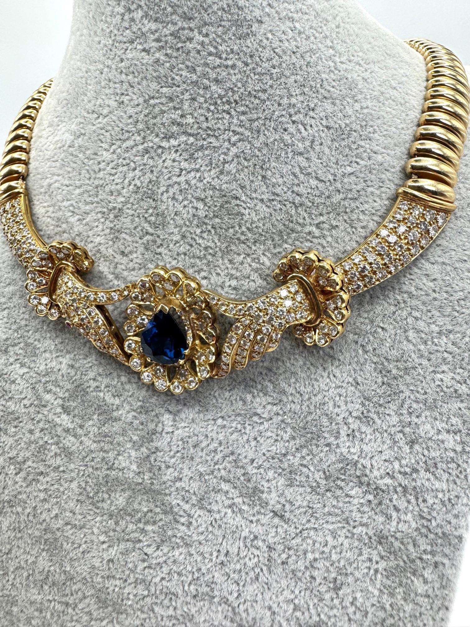 14K Yellow Gold Sapphire and Diamond Necklace For Sale 1