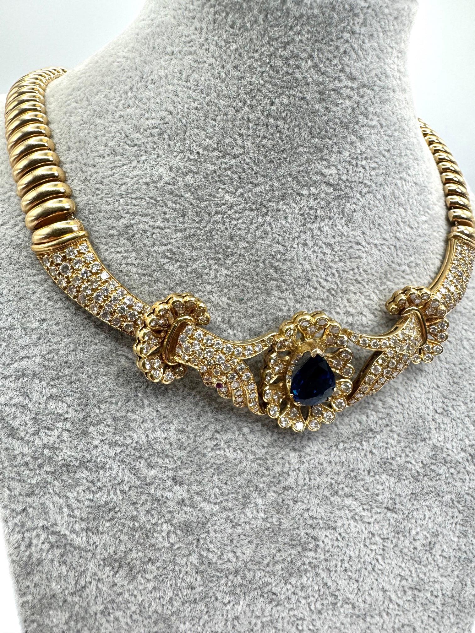 14K Yellow Gold Sapphire and Diamond Necklace For Sale 2