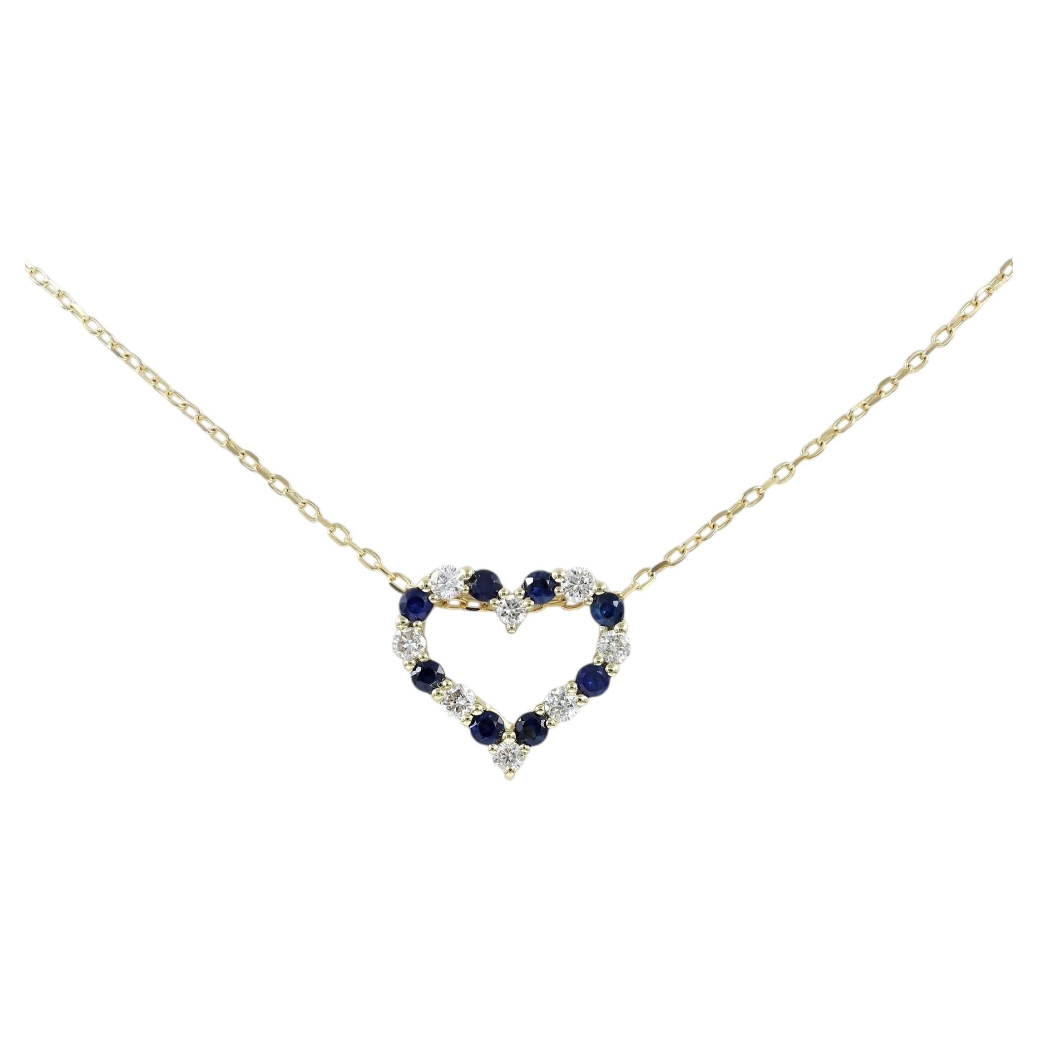 14K Yellow Gold Sapphire and Diamond Open Heart Pendant Necklace